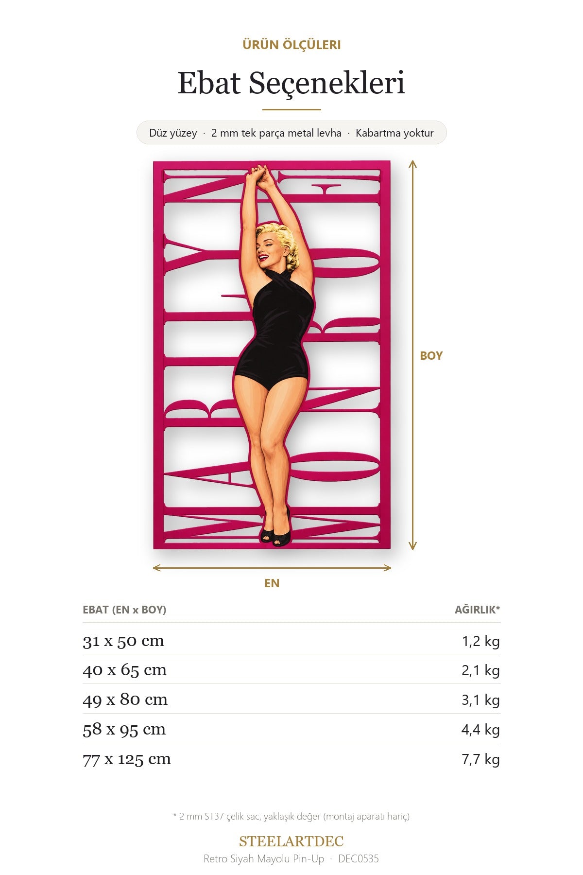 Retro Siyah Mayolu Pin-Up Metal Tablo DEC0535 — Açıklama: Ebat Seçenekleri