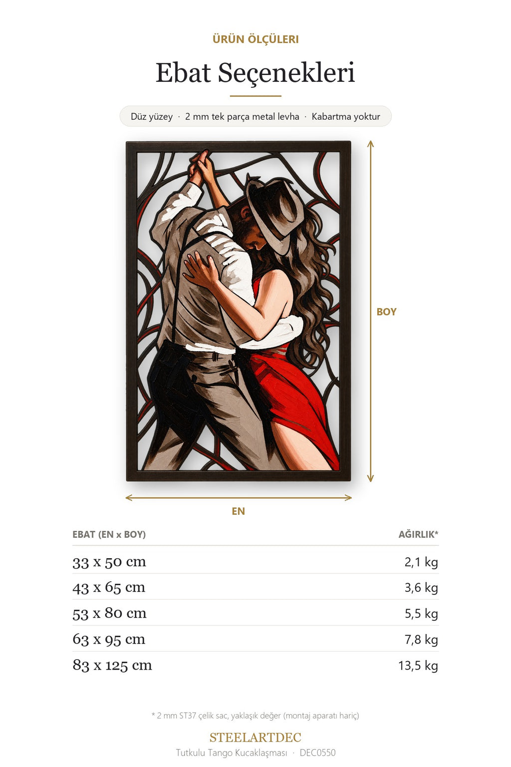 Tutkulu Tango Kucaklaşması Metal Tablo DEC0550 — Açıklama: Ebat Seçenekleri