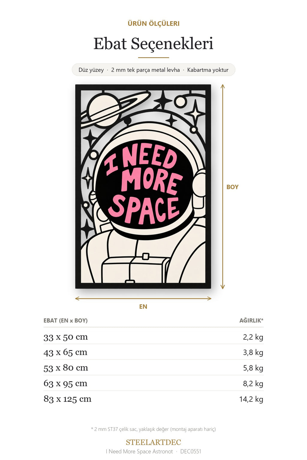 I Need More Space Astronot Metal Tablo DEC0551 — Açıklama: Ebat Seçenekleri