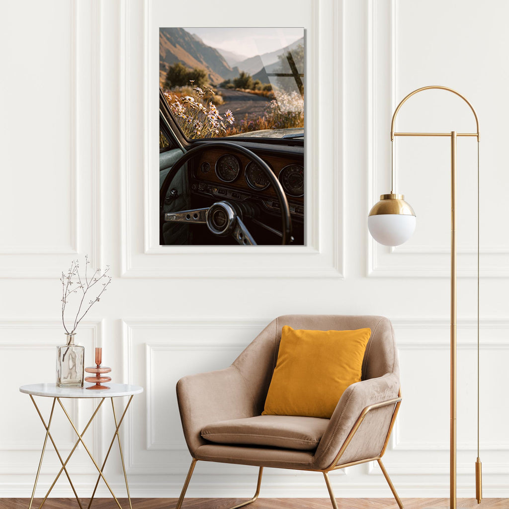 Klasik Araba ve Manzara Cam Tablo – Yol Temalı Duvar Dekoru - DEG0650