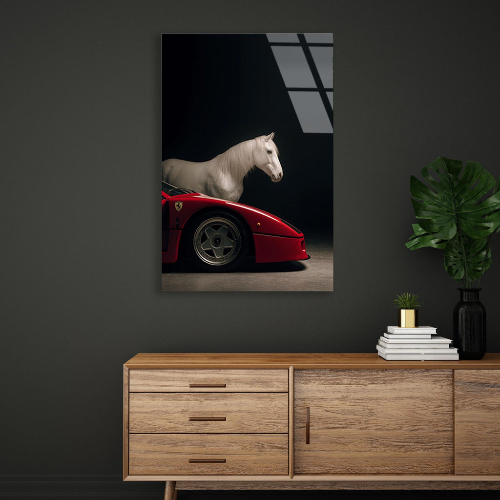 Ferrari ve At Cam Tablo – Efsane Spor Araba Duvar Dekoru - DEG0655