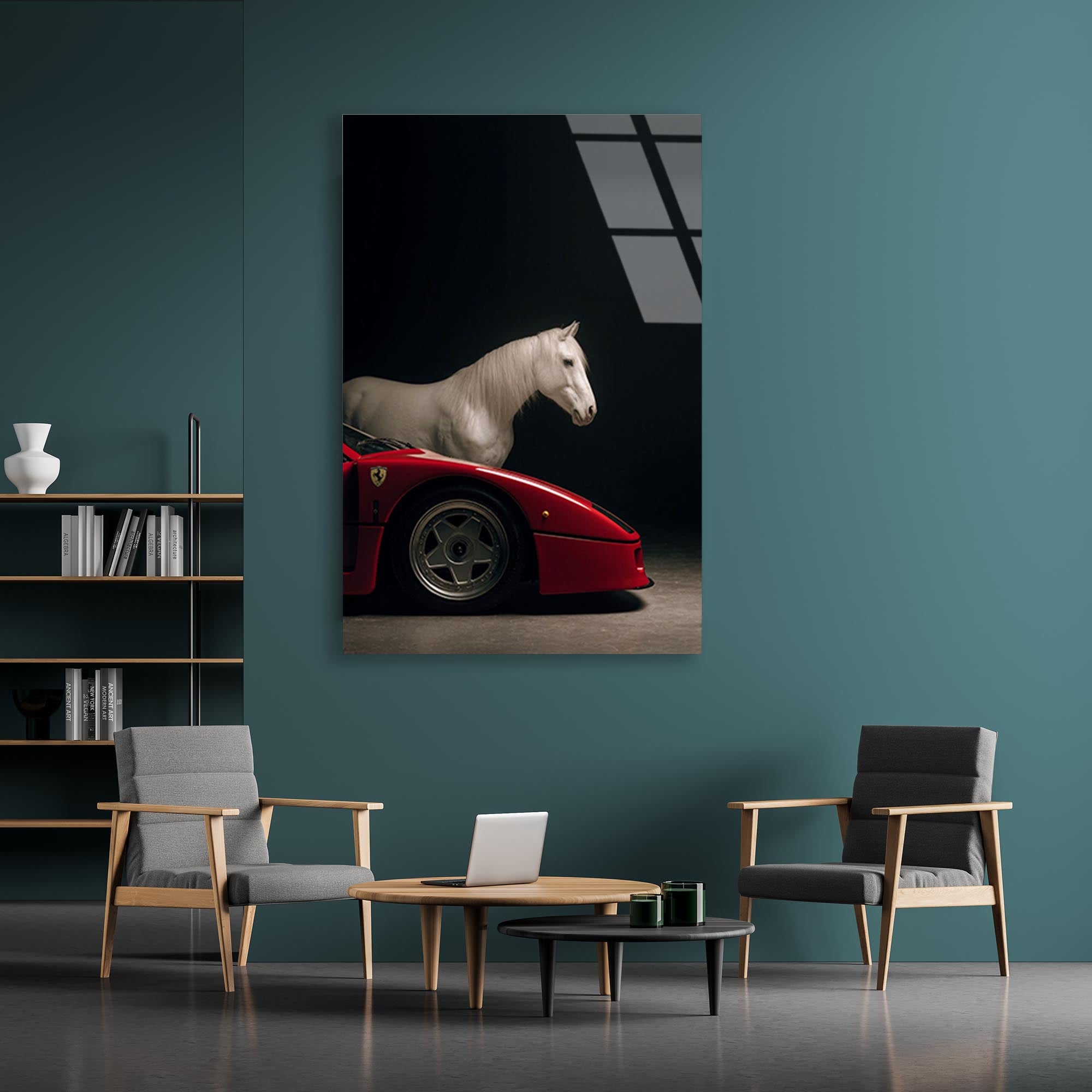 Ferrari ve At Cam Tablo – Efsane Spor Araba Duvar Dekoru - DEG0655
