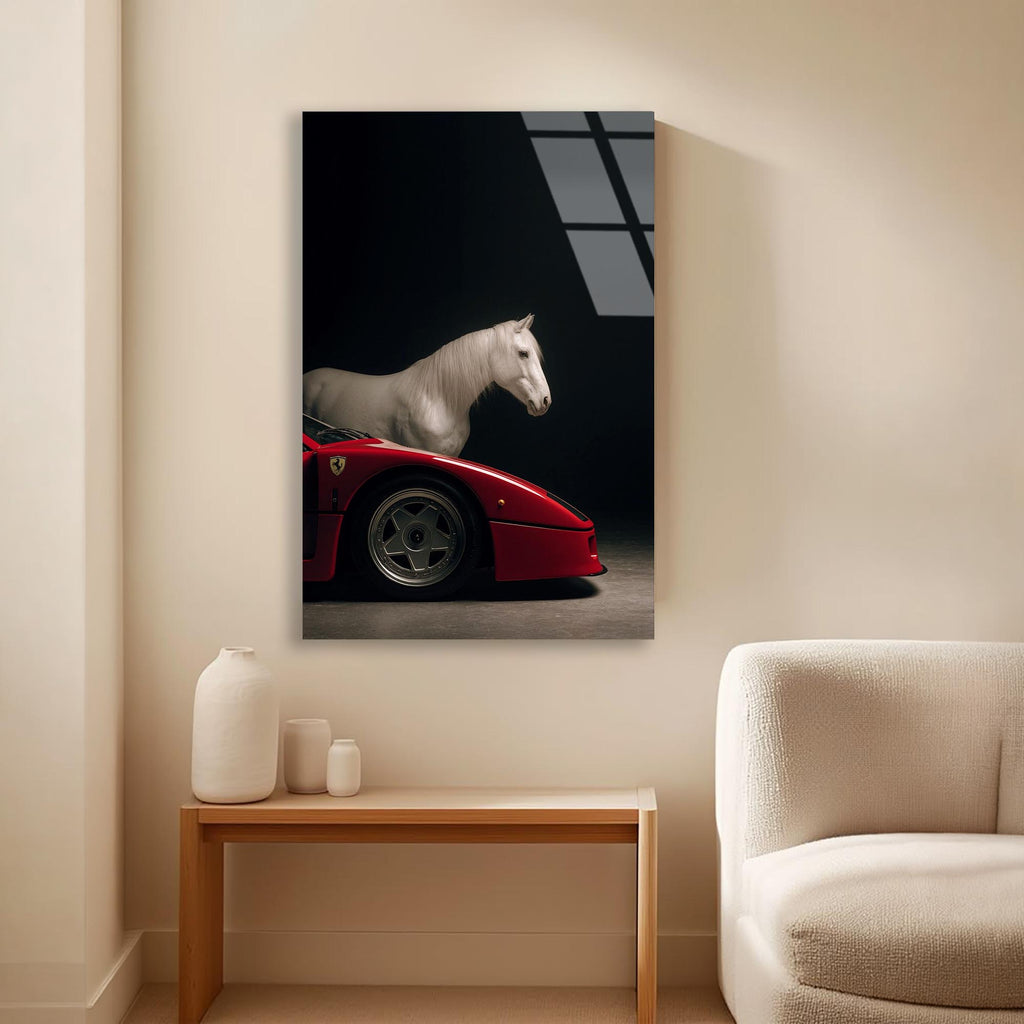 Ferrari ve At Cam Tablo – Efsane Spor Araba Duvar Dekoru - DEG0655