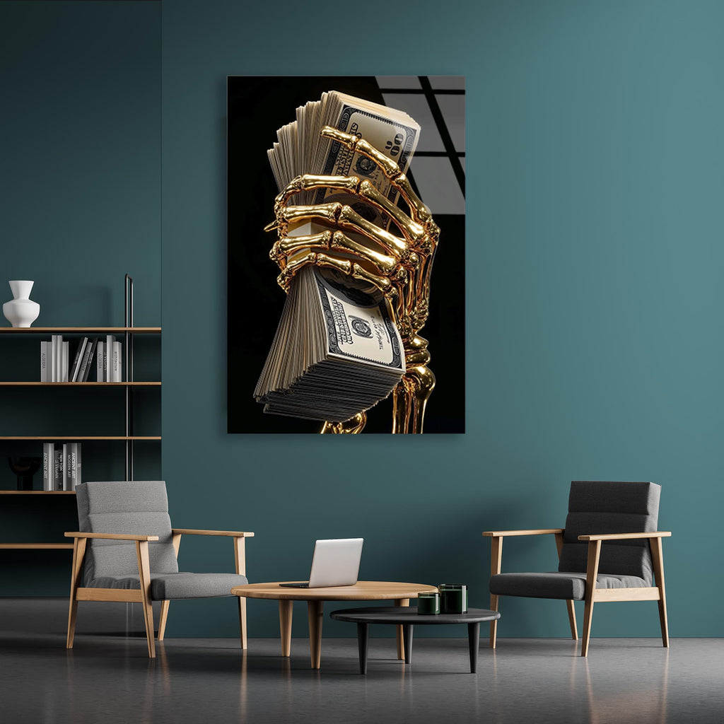 Altın İskelet ve Dolar Cam Tablo – Para Temalı Duvar Dekoru - DEG0715