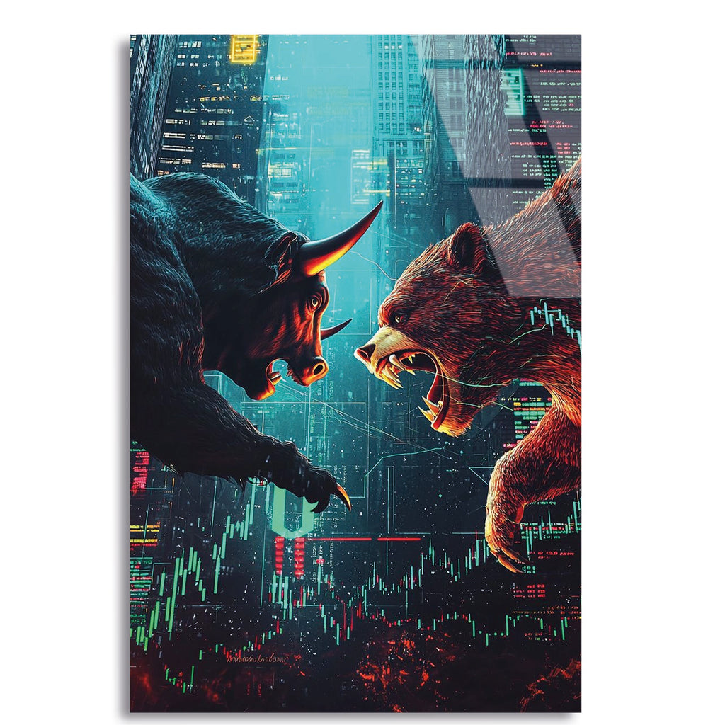 Bitcoin Ayı ve Boğa Cam Tablo – Kripto Temalı Duvar Dekoru - DEG0716