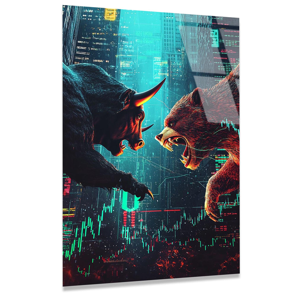 Bitcoin Ayı ve Boğa Cam Tablo – Kripto Temalı Duvar Dekoru - DEG0716