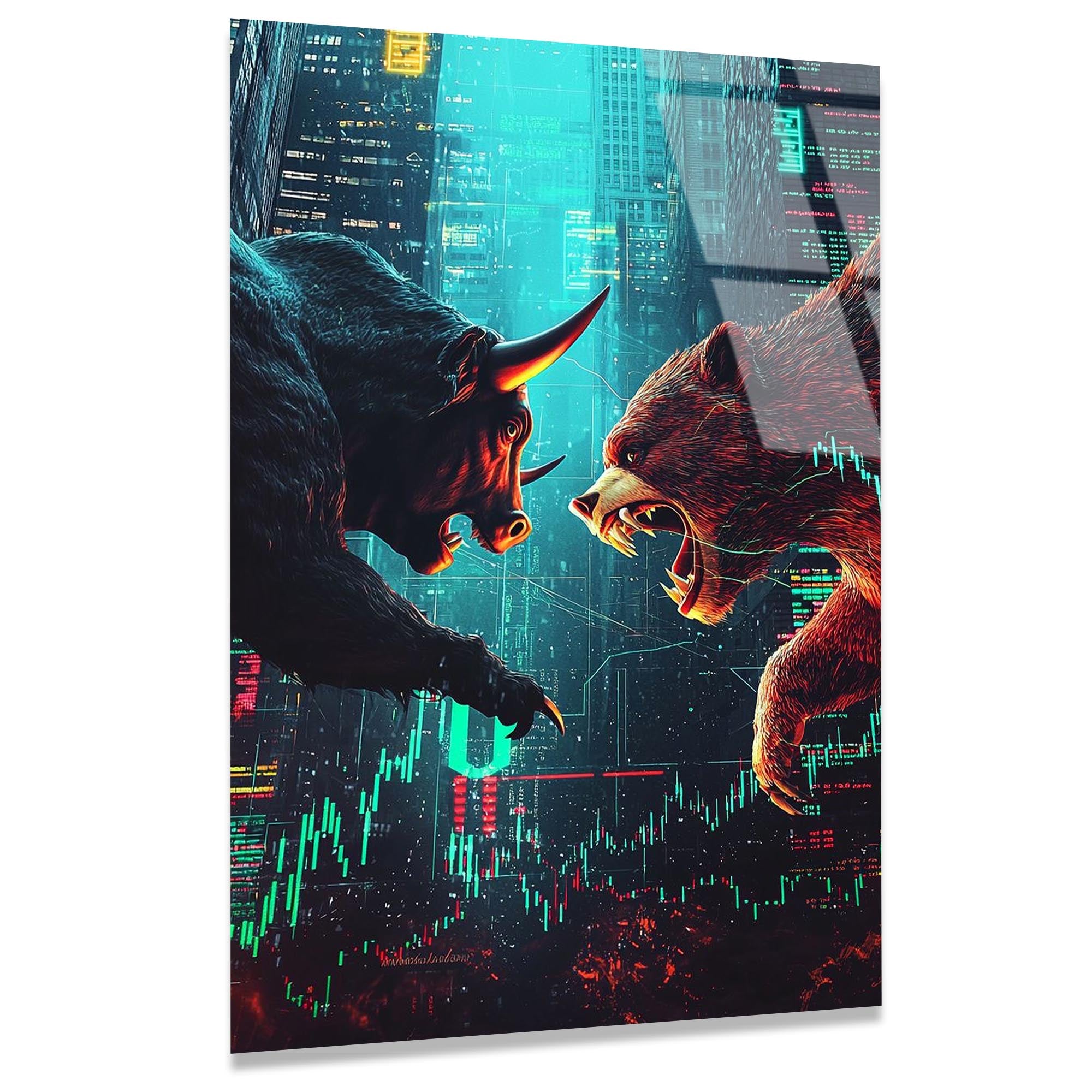 Bitcoin Ayı ve Boğa Cam Tablo – Kripto Temalı Duvar Dekoru - DEG0716