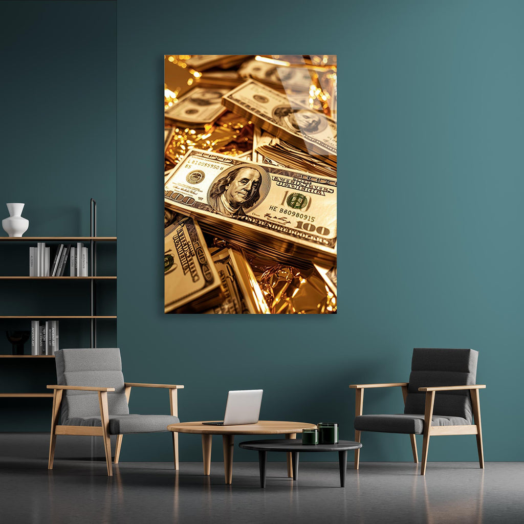 Altın Dolar Destesi Cam Tablo – Zenginlik Temalı Duvar Dekoru - DEG0719