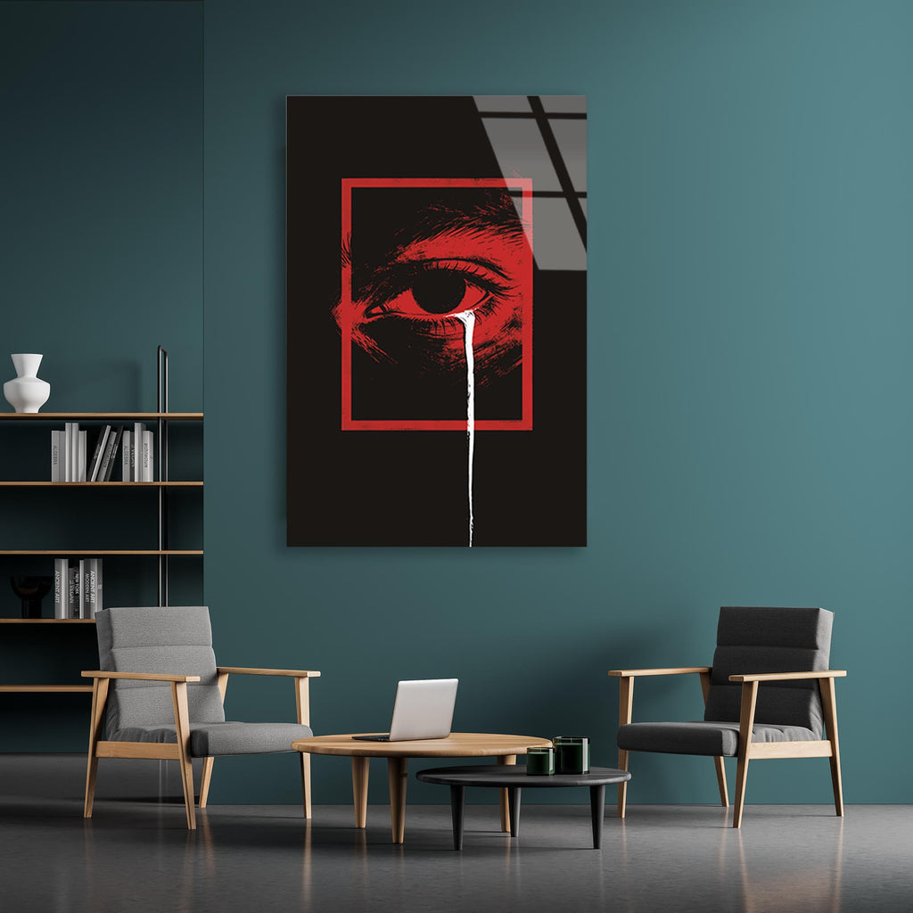 Kırmızı Göz ve Beyaz Akıntı Cam Tablo – Soyut Modern Sanat Duvar Dekoru - DEG0721
