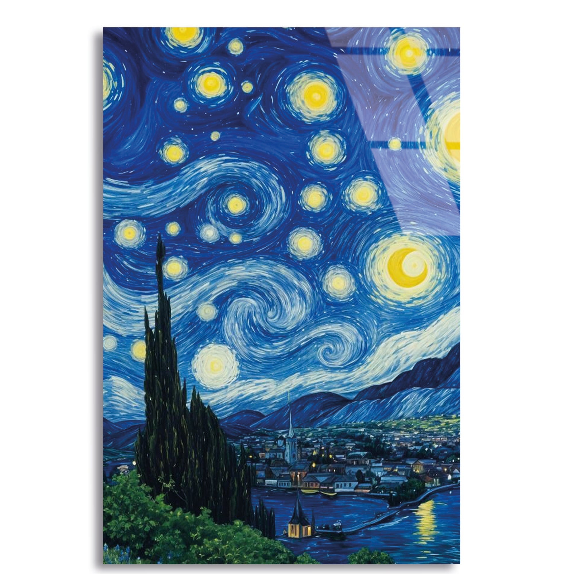 Yıldızlı Gece Cam Tablo – Van Gogh Esintili Sanatsal Duvar Dekoru - DEG0732
