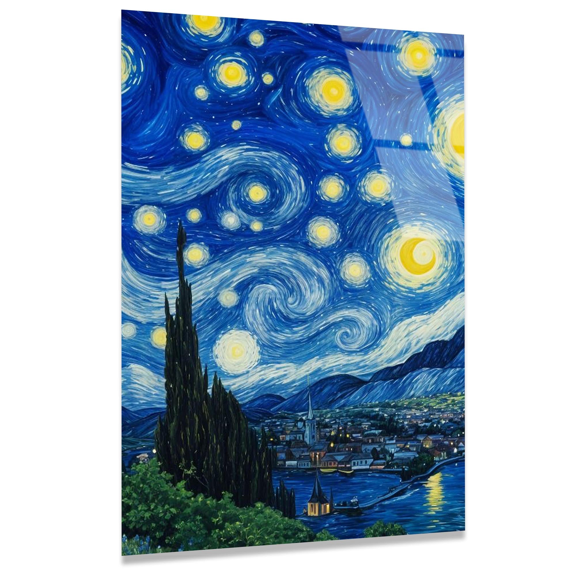 Yıldızlı Gece Cam Tablo – Van Gogh Esintili Sanatsal Duvar Dekoru - DEG0732