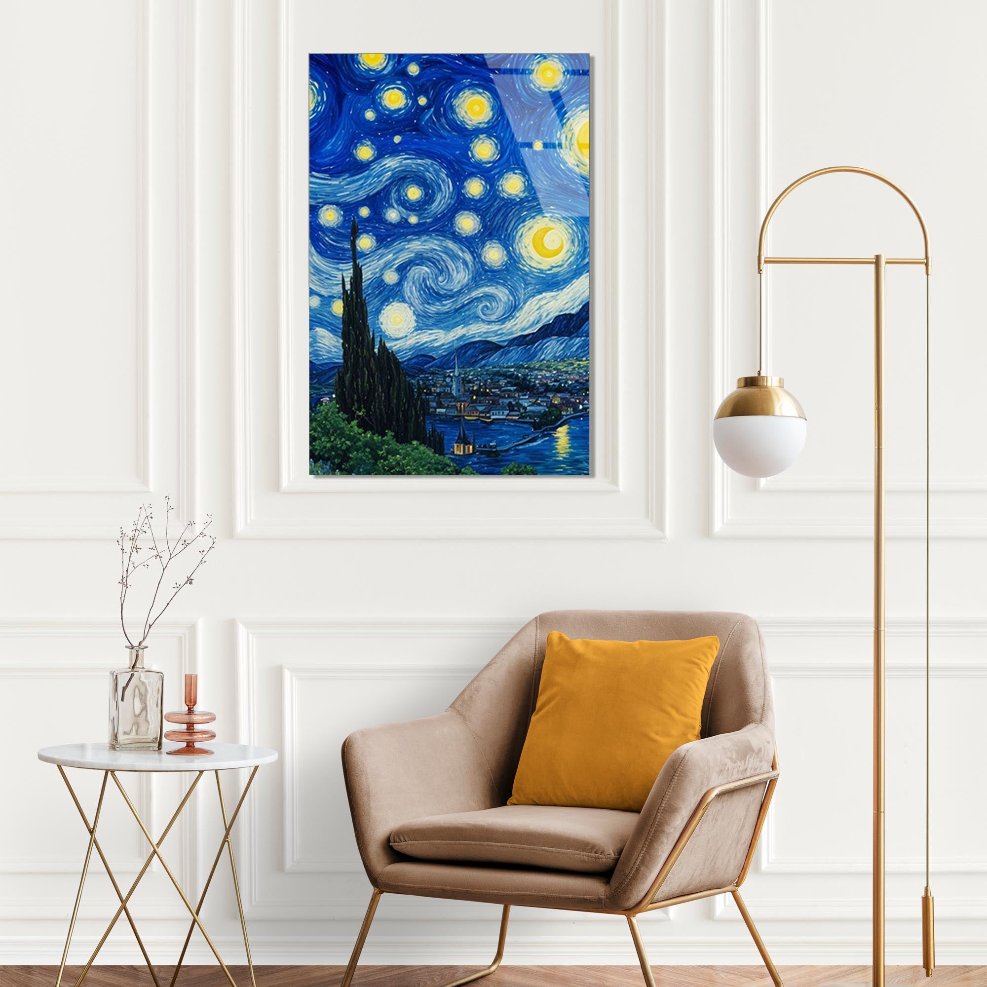 Yıldızlı Gece Cam Tablo – Van Gogh Esintili Sanatsal Duvar Dekoru - DEG0732