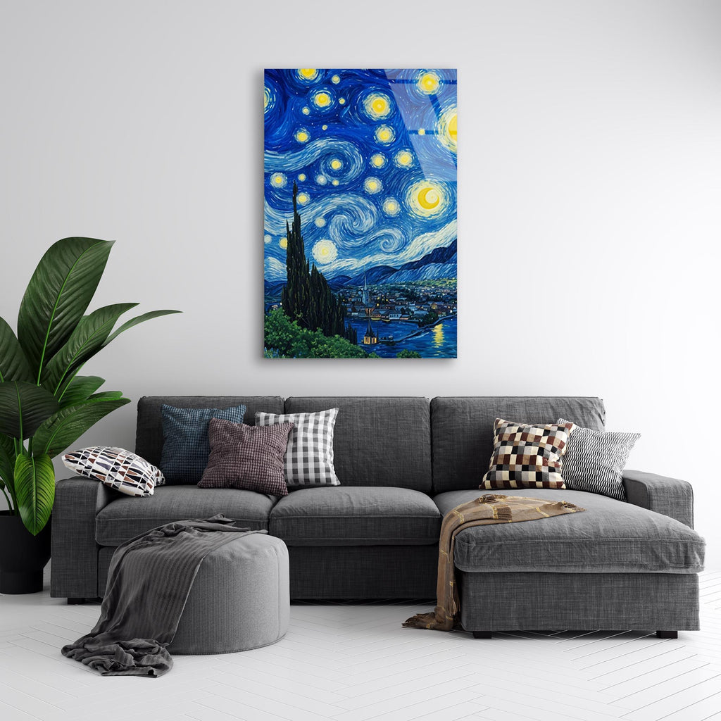 Yıldızlı Gece Cam Tablo – Van Gogh Esintili Sanatsal Duvar Dekoru - DEG0732