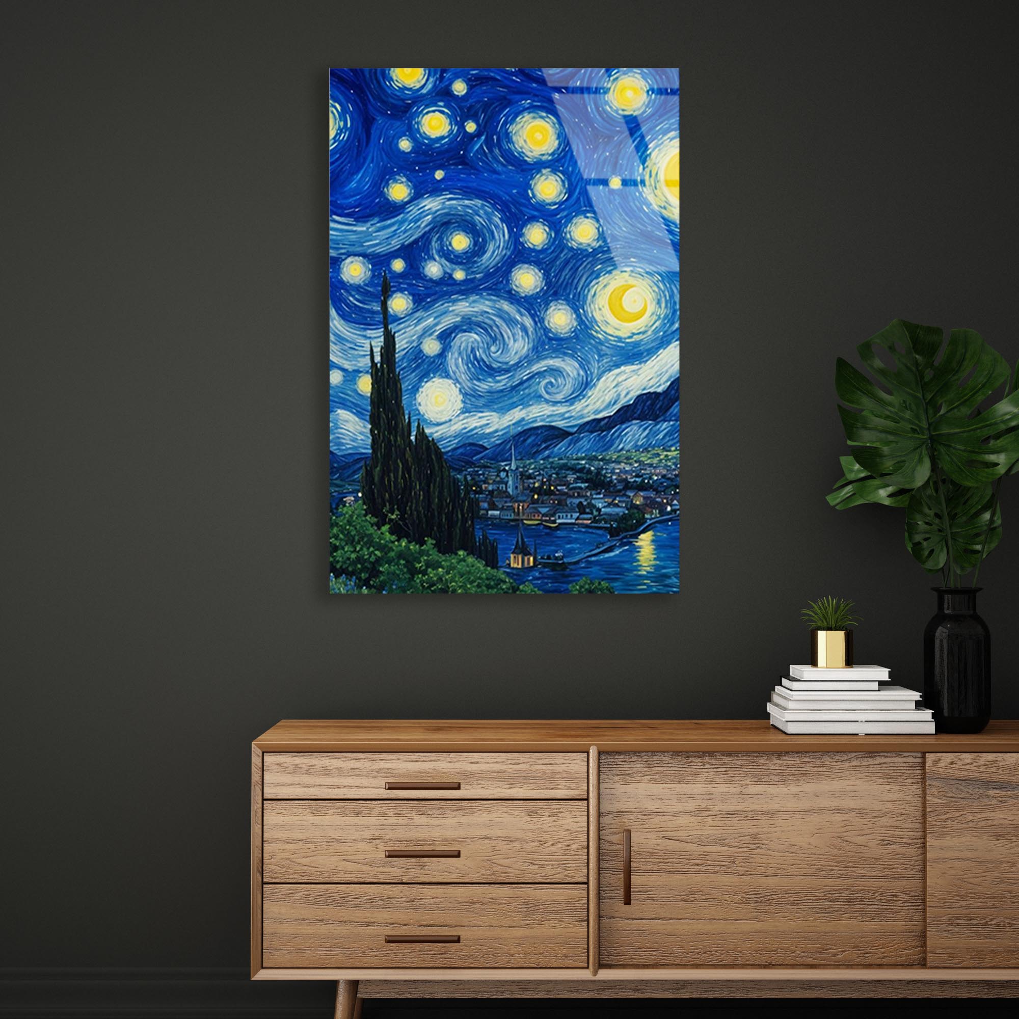 Yıldızlı Gece Cam Tablo – Van Gogh Esintili Sanatsal Duvar Dekoru - DEG0732