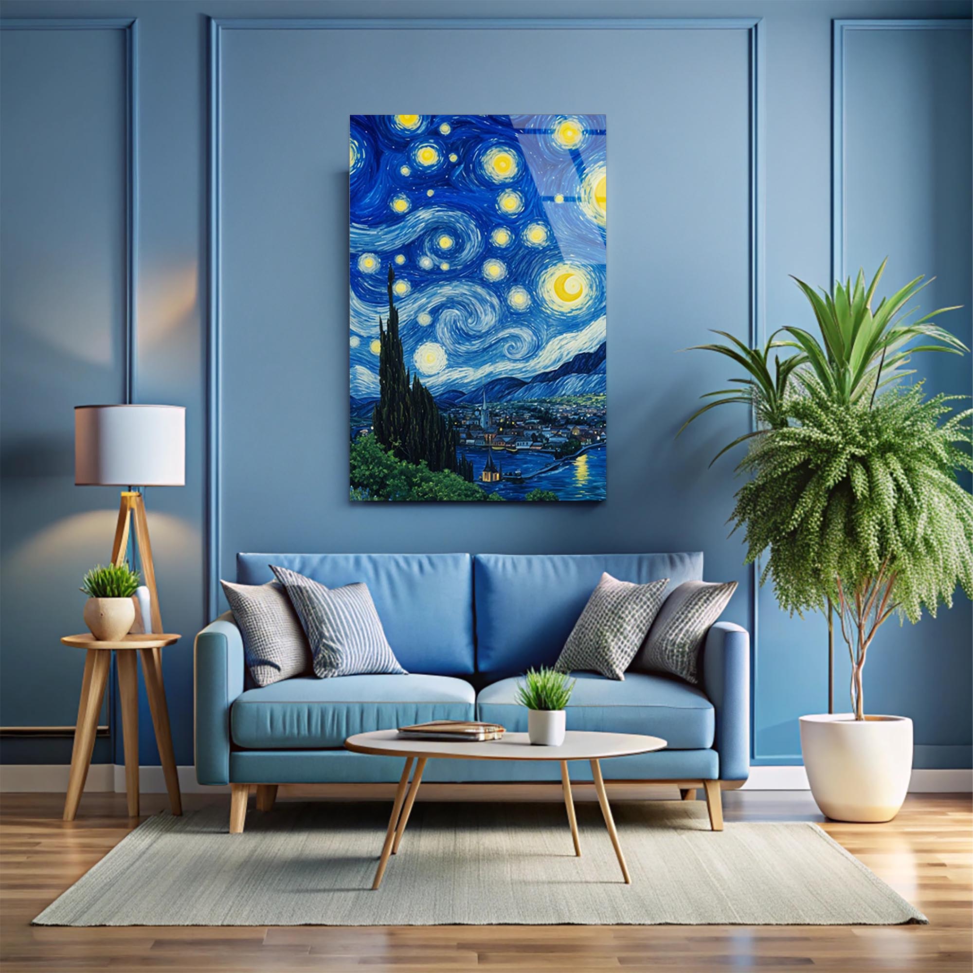 Yıldızlı Gece Cam Tablo – Van Gogh Esintili Sanatsal Duvar Dekoru - DEG0732
