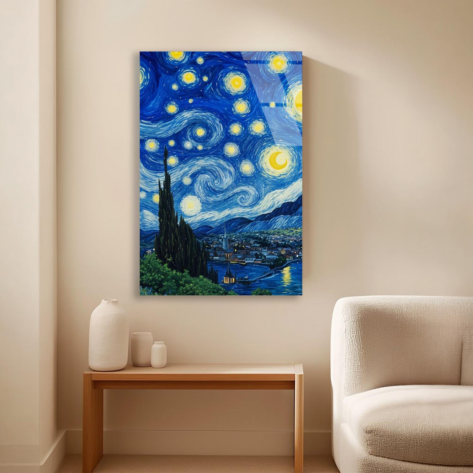 Yıldızlı Gece Cam Tablo – Van Gogh Esintili Sanatsal Duvar Dekoru - DEG0732