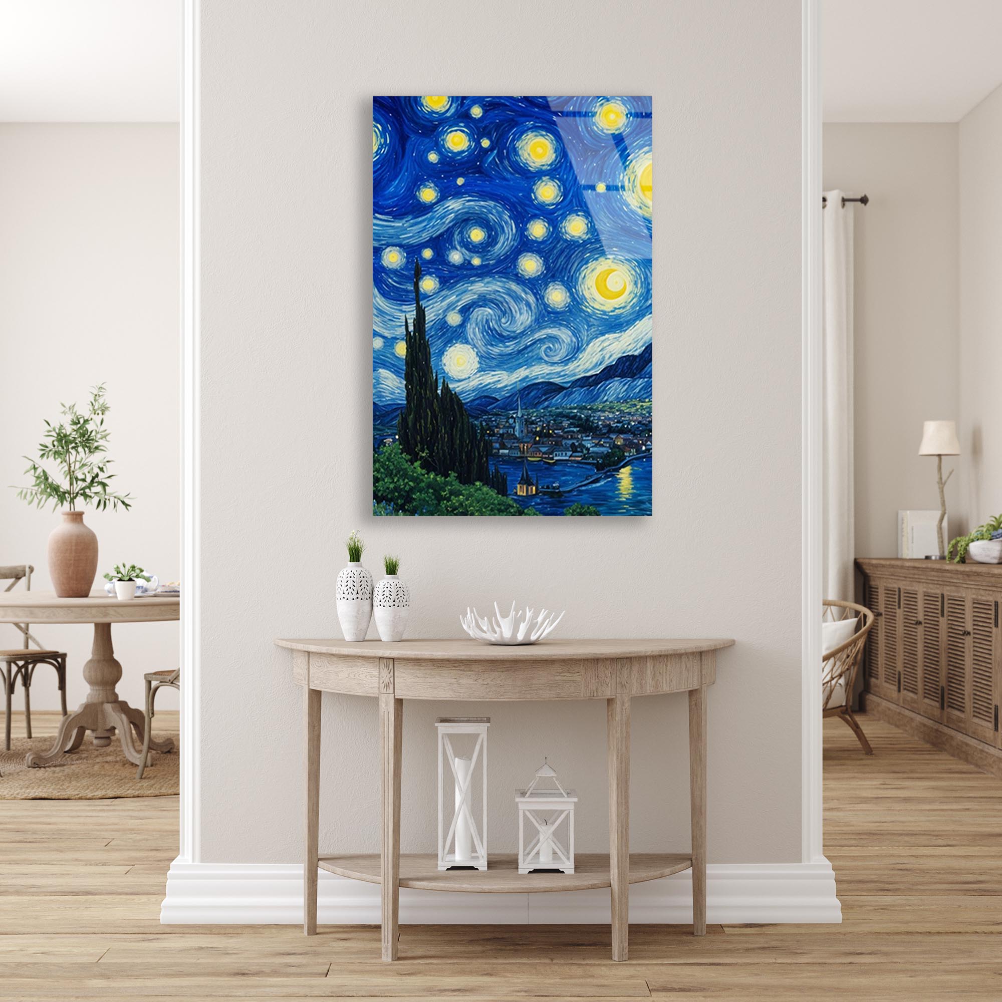 Yıldızlı Gece Cam Tablo – Van Gogh Esintili Sanatsal Duvar Dekoru - DEG0732