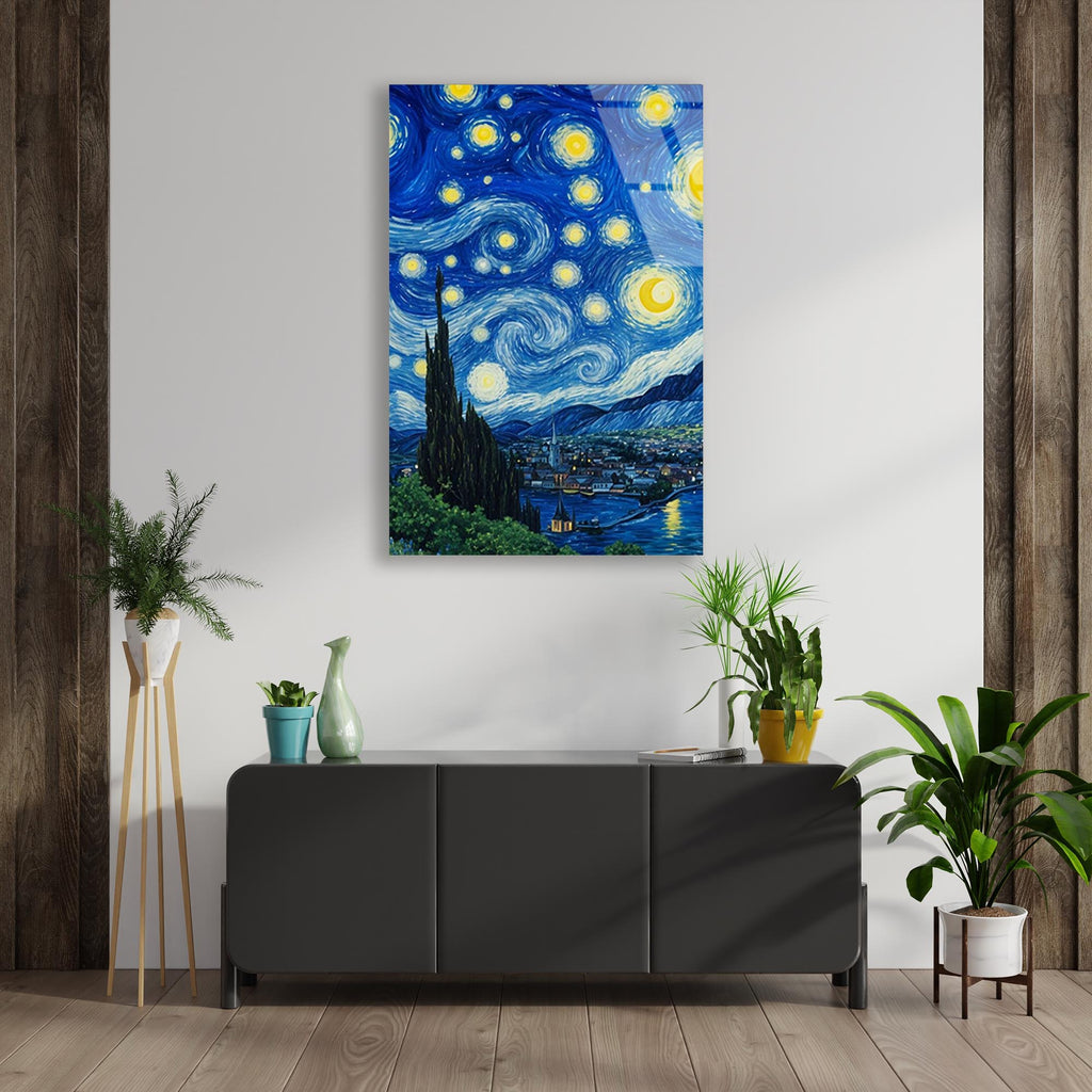 Yıldızlı Gece Cam Tablo – Van Gogh Esintili Sanatsal Duvar Dekoru - DEG0732
