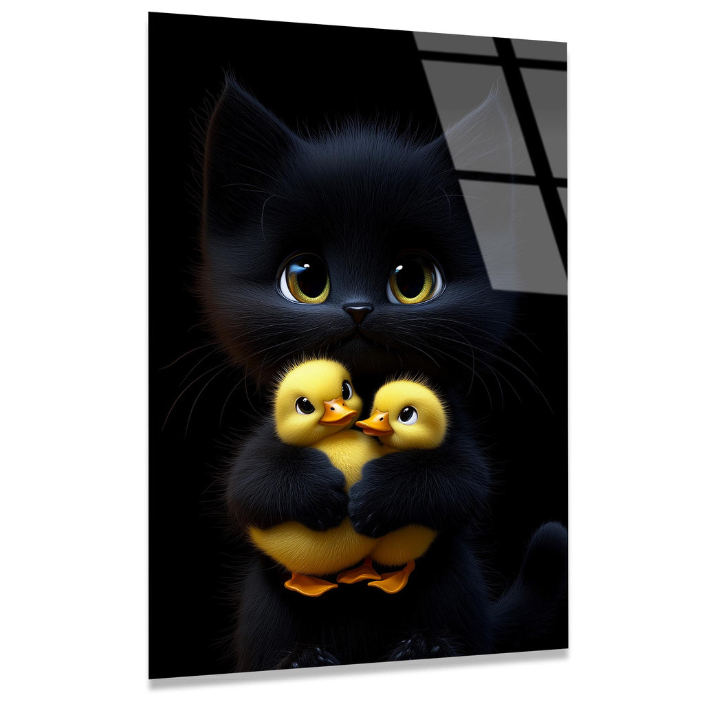 Ördekler ve Kedi Cam Tablo – Eğlenceli Hayvan Duvar Dekoru - DEG0743