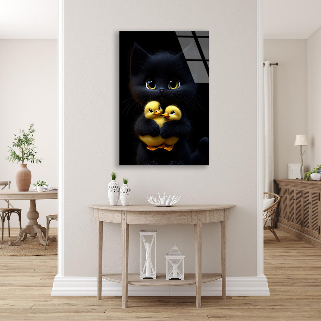 Ördekler ve Kedi Cam Tablo – Eğlenceli Hayvan Duvar Dekoru - DEG0743
