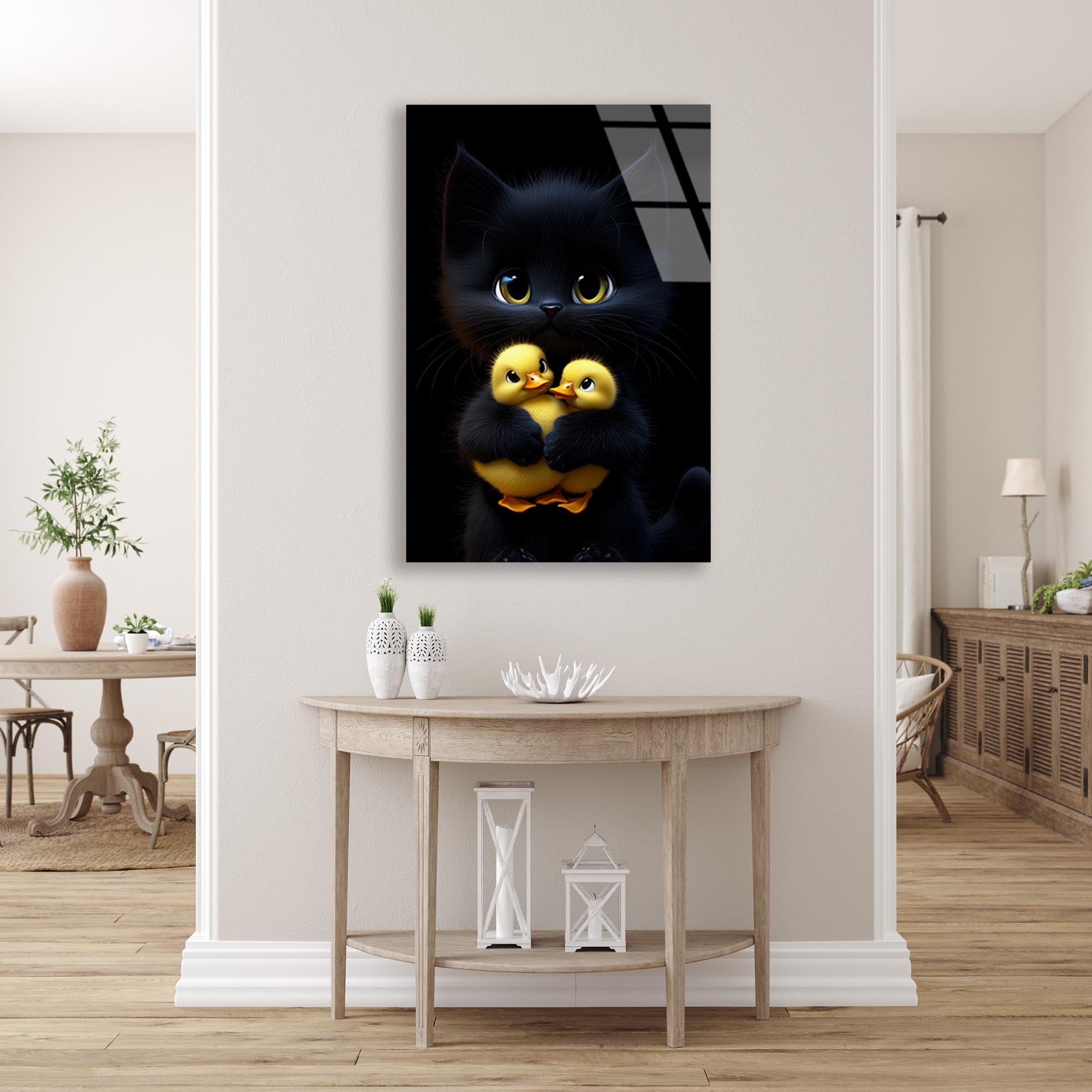 Ördekler ve Kedi Cam Tablo – Eğlenceli Hayvan Duvar Dekoru - DEG0743
