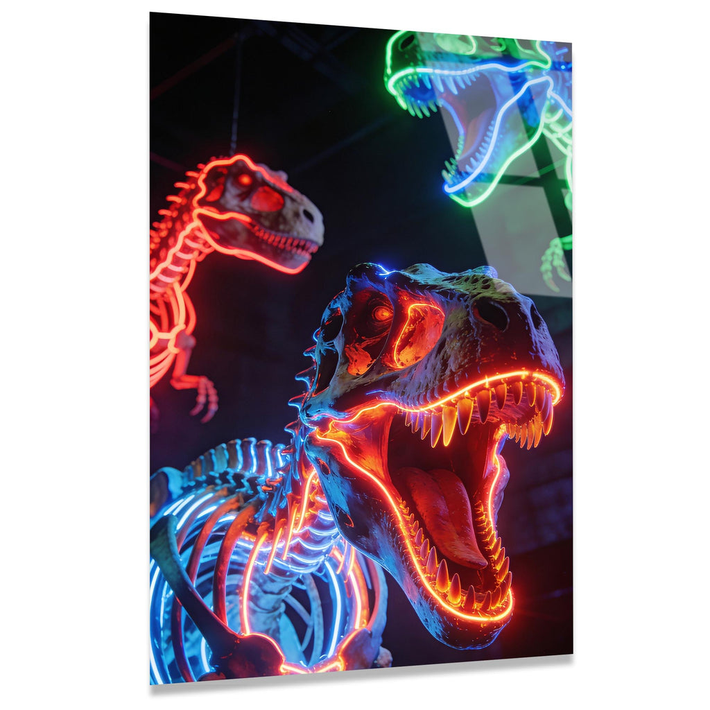 Neon Dinozorlar Cam Tablo – Renkli Hayvan Duvar Dekoru - DEG0757