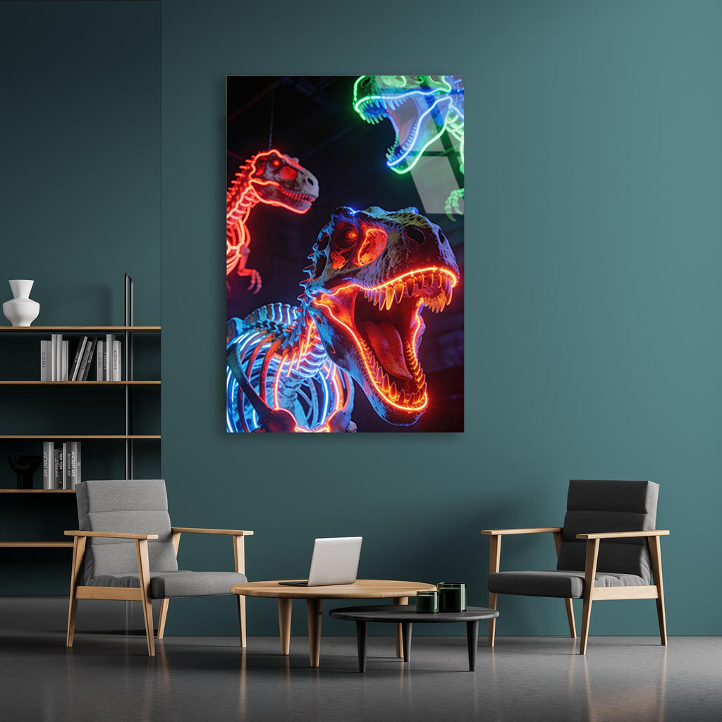 Neon Dinozorlar Cam Tablo – Renkli Hayvan Duvar Dekoru - DEG0757