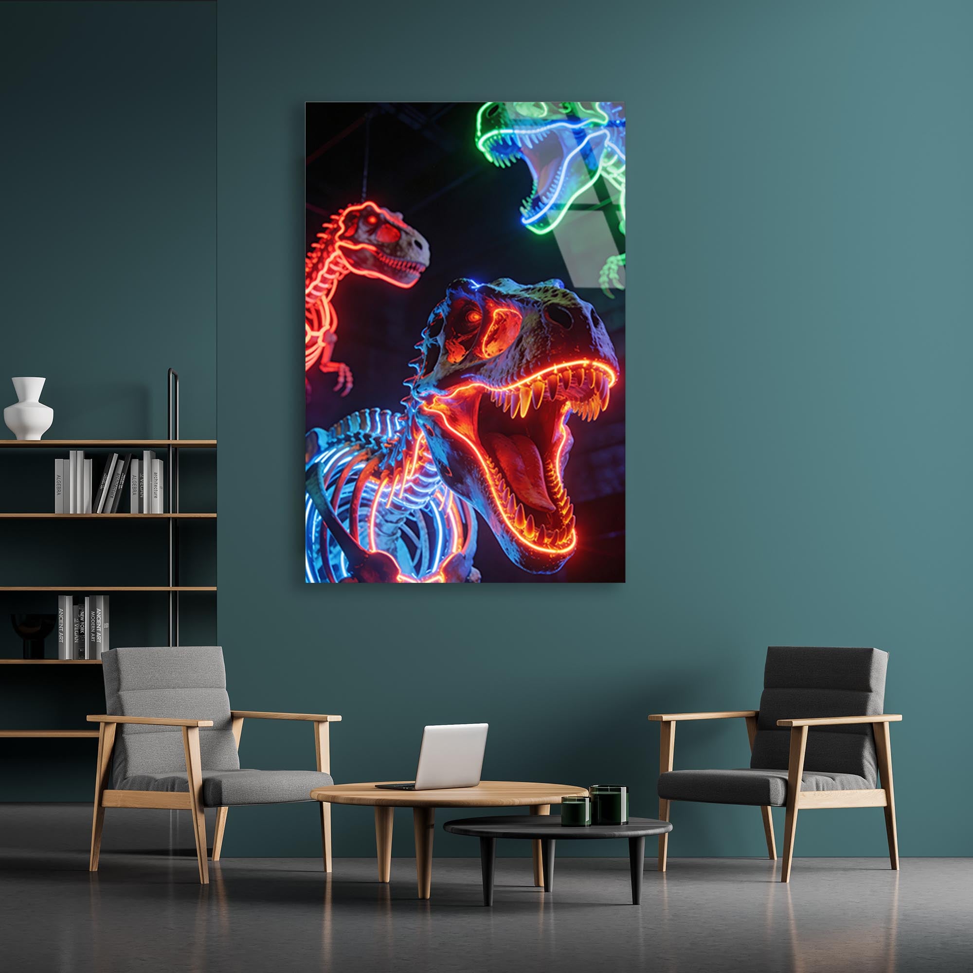 Neon Dinozorlar Cam Tablo – Renkli Hayvan Duvar Dekoru - DEG0757