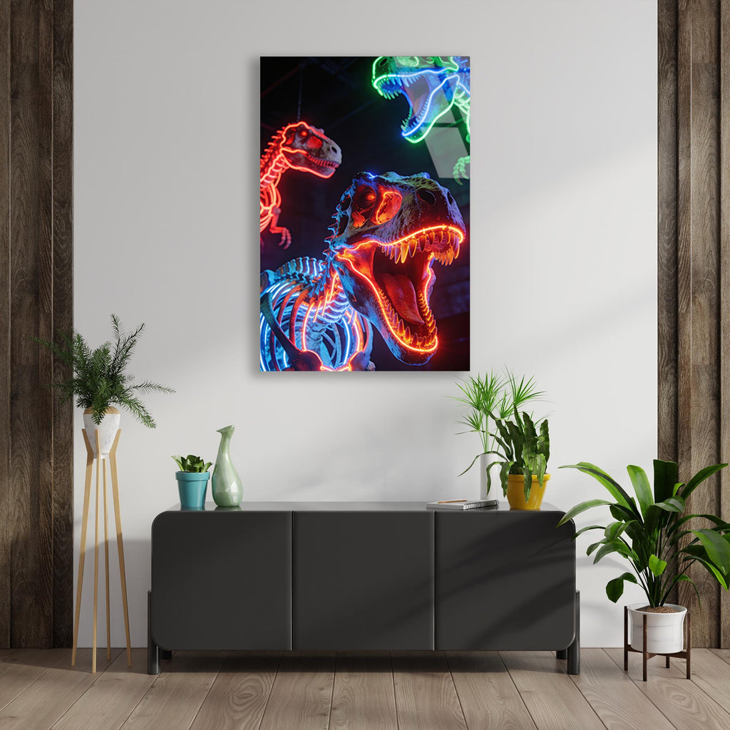 Neon Dinozorlar Cam Tablo – Renkli Hayvan Duvar Dekoru - DEG0757