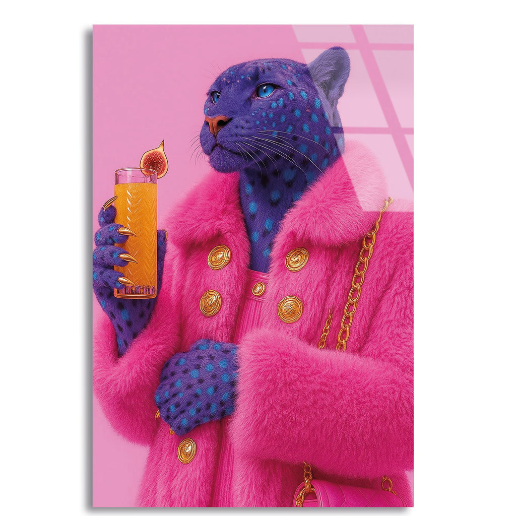 Pembe Mavi Jaguar Cam Tablo – Renkli Vahşi Hayvan Duvar Dekoru - DEG0759