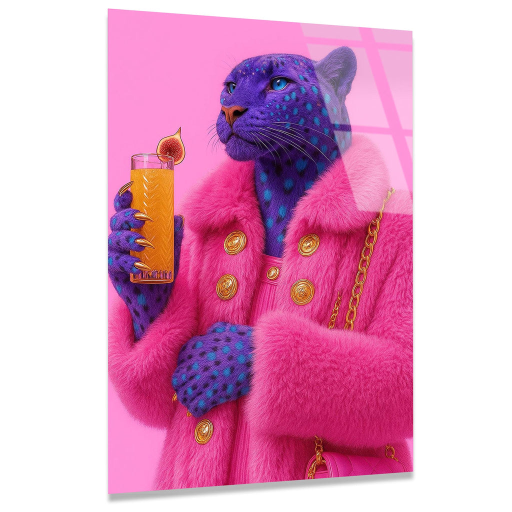 Pembe Mavi Jaguar Cam Tablo – Renkli Vahşi Hayvan Duvar Dekoru - DEG0759