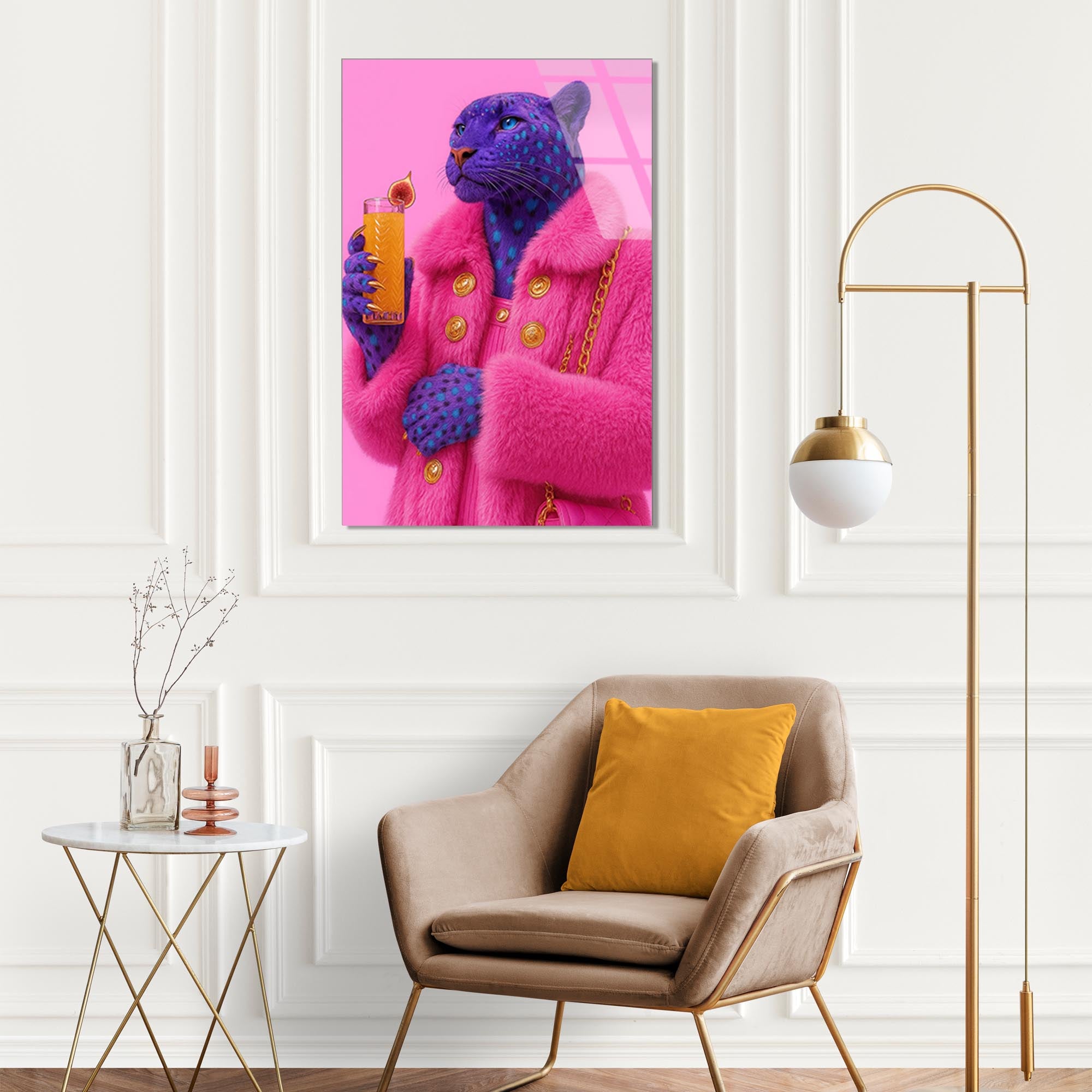 Pembe Mavi Jaguar Cam Tablo – Renkli Vahşi Hayvan Duvar Dekoru - DEG0759