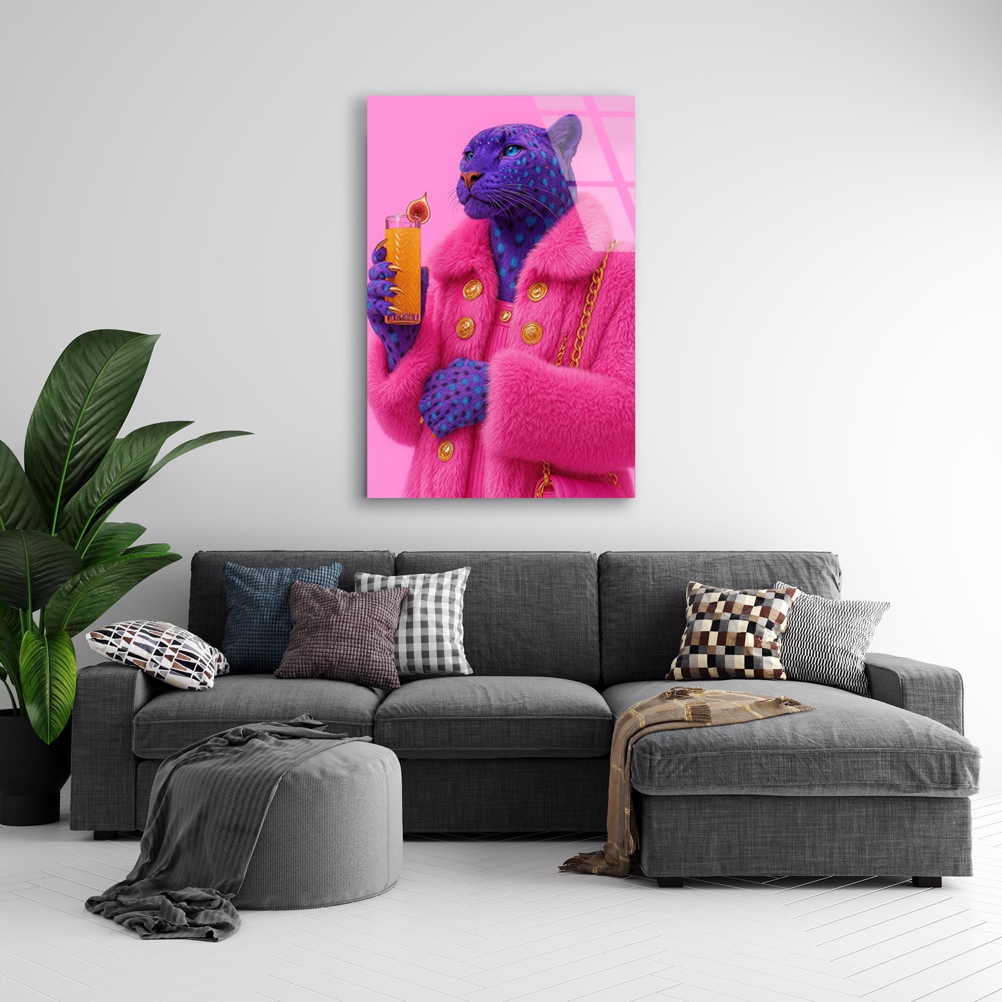 Pembe Mavi Jaguar Cam Tablo – Renkli Vahşi Hayvan Duvar Dekoru - DEG0759
