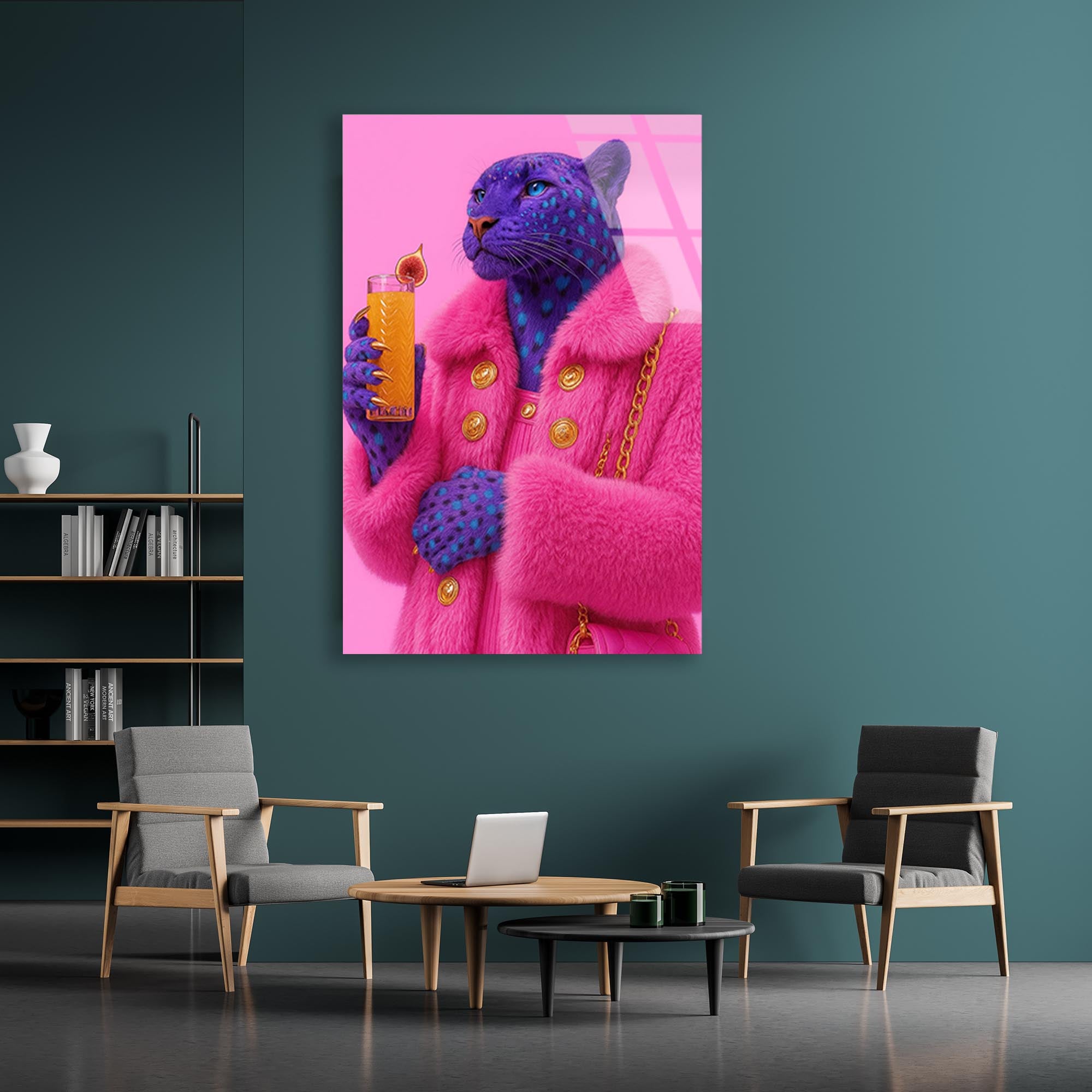 Pembe Mavi Jaguar Cam Tablo – Renkli Vahşi Hayvan Duvar Dekoru - DEG0759
