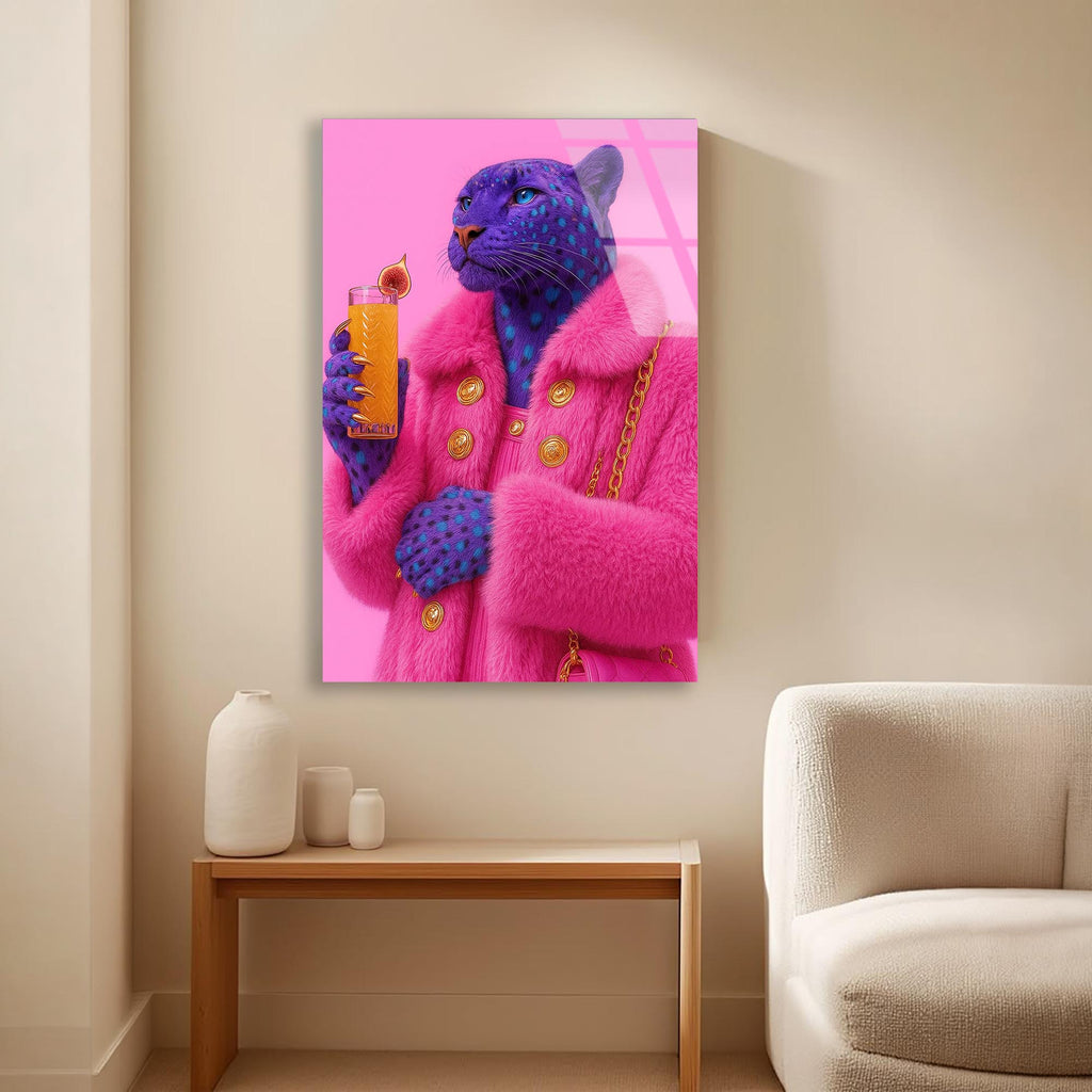 Pembe Mavi Jaguar Cam Tablo – Renkli Vahşi Hayvan Duvar Dekoru - DEG0759