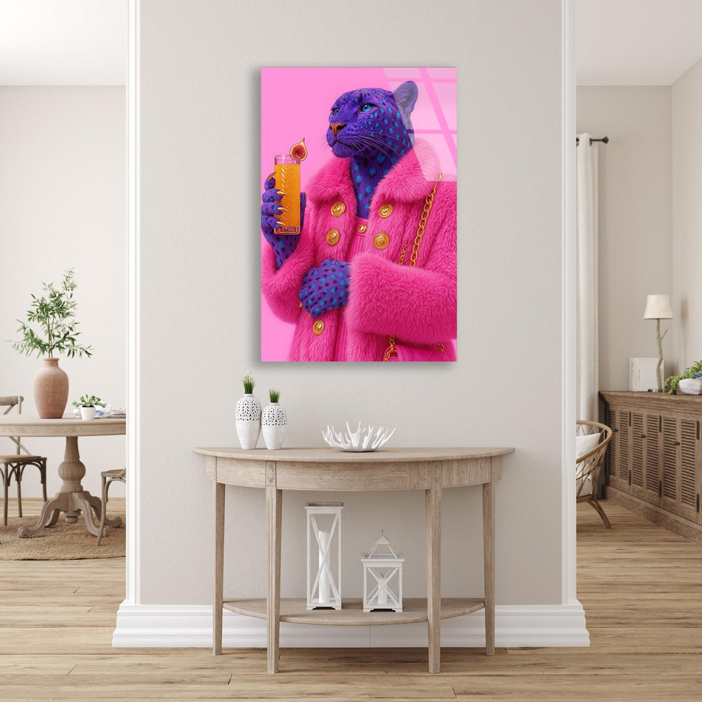 Pembe Mavi Jaguar Cam Tablo – Renkli Vahşi Hayvan Duvar Dekoru - DEG0759