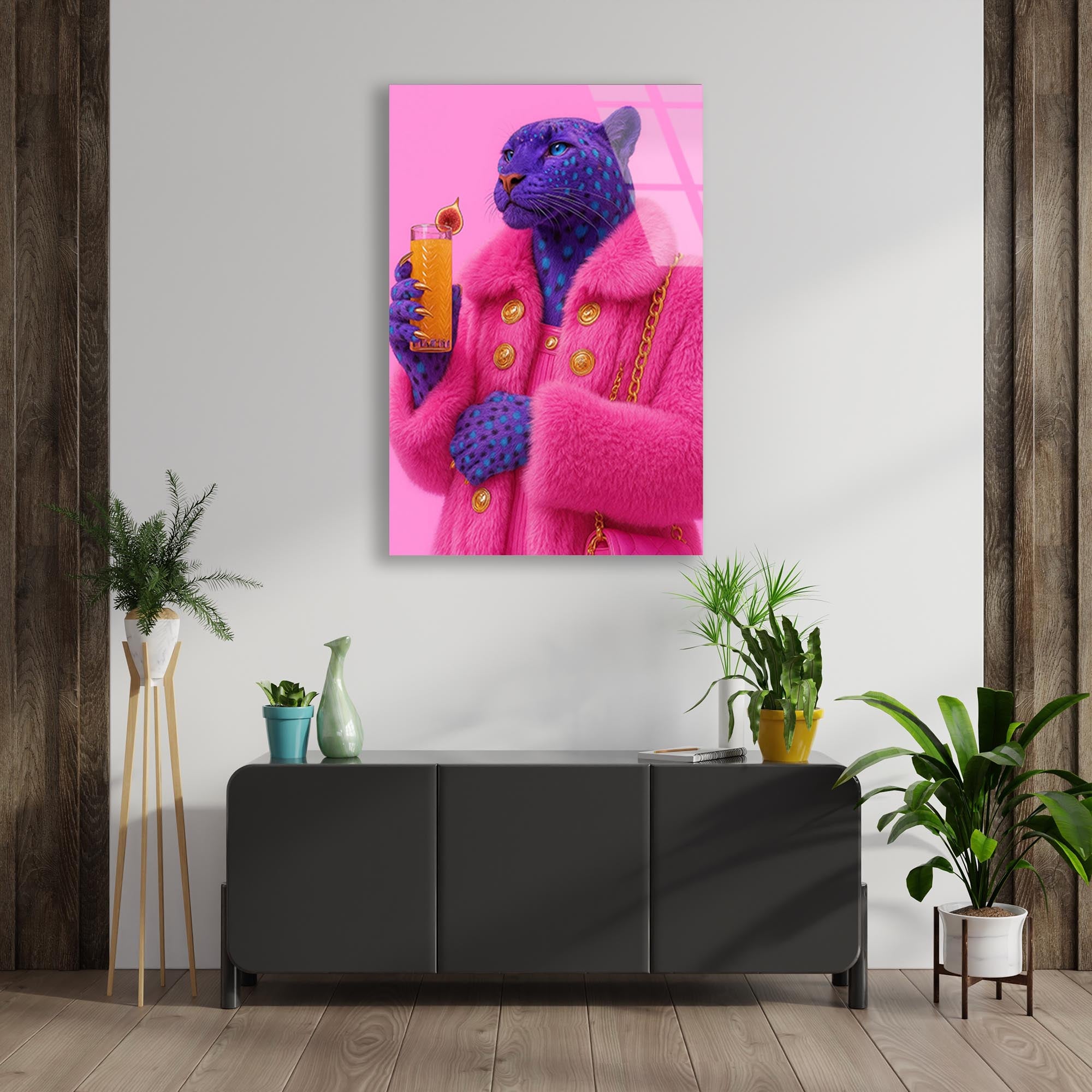 Pembe Mavi Jaguar Cam Tablo – Renkli Vahşi Hayvan Duvar Dekoru - DEG0759