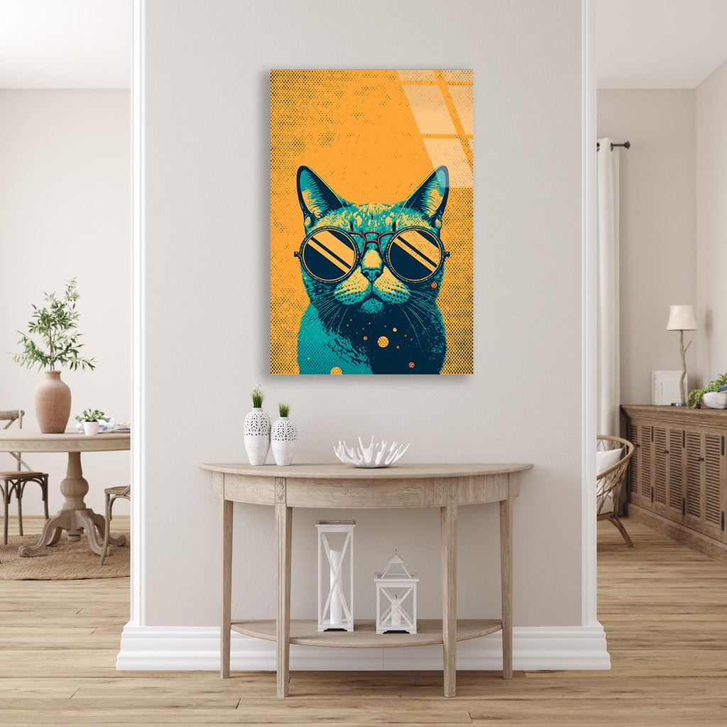 Sarı Kedi Cam Tablo – Eğlenceli Hayvan Duvar Dekoru - DEG0770