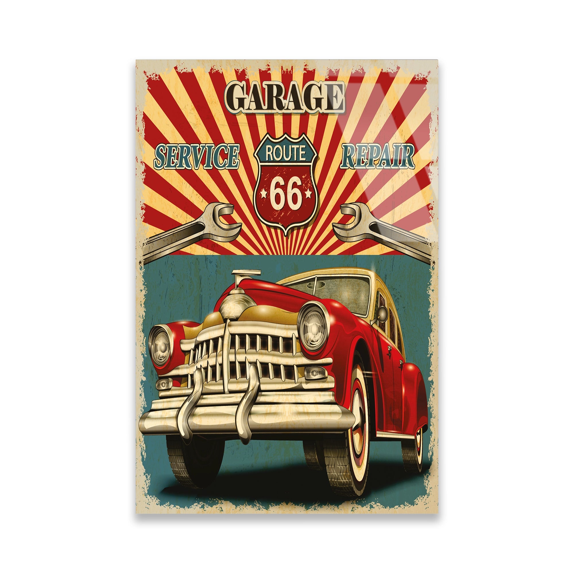 ROUTE 66 GARAJ VINTAGE KLASİK ARABA - CAM TABLO - DEG0468