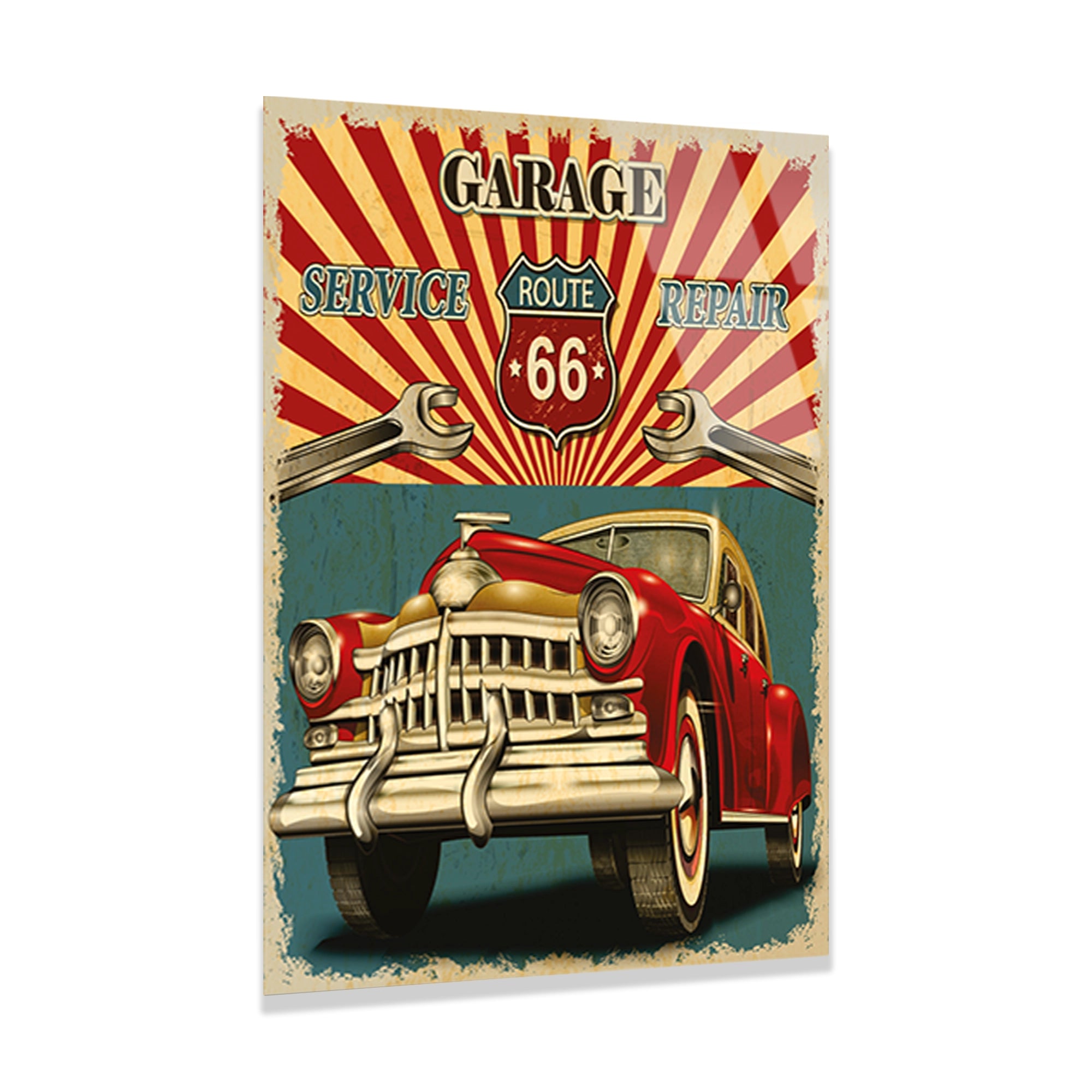 ROUTE 66 GARAJ VINTAGE KLASİK ARABA - CAM TABLO - DEG0468