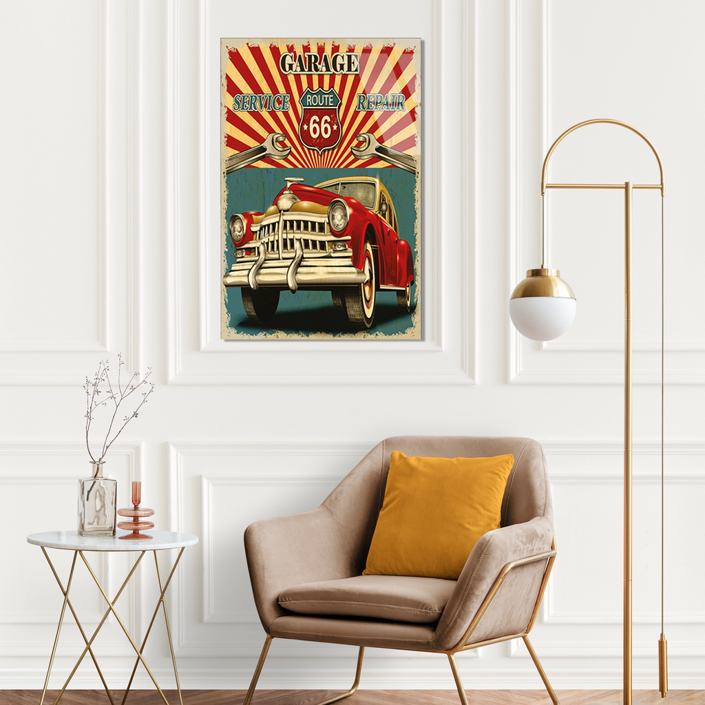 ROUTE 66 GARAJ VINTAGE KLASİK ARABA - CAM TABLO - DEG0468