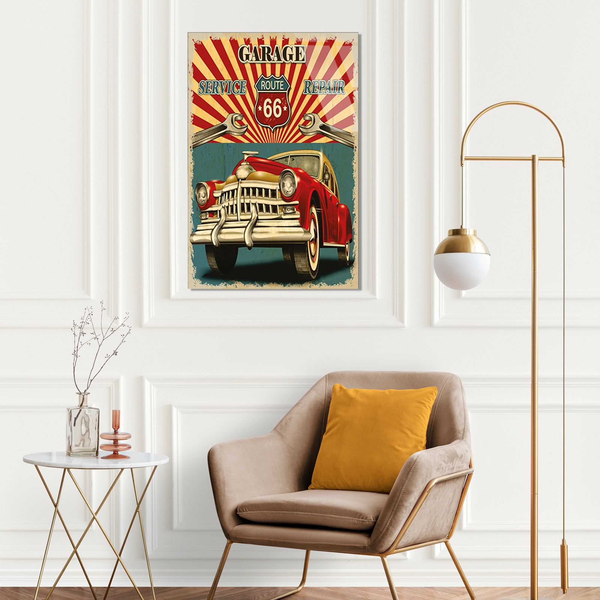 ROUTE 66 GARAJ VINTAGE KLASİK ARABA - CAM TABLO - DEG0468
