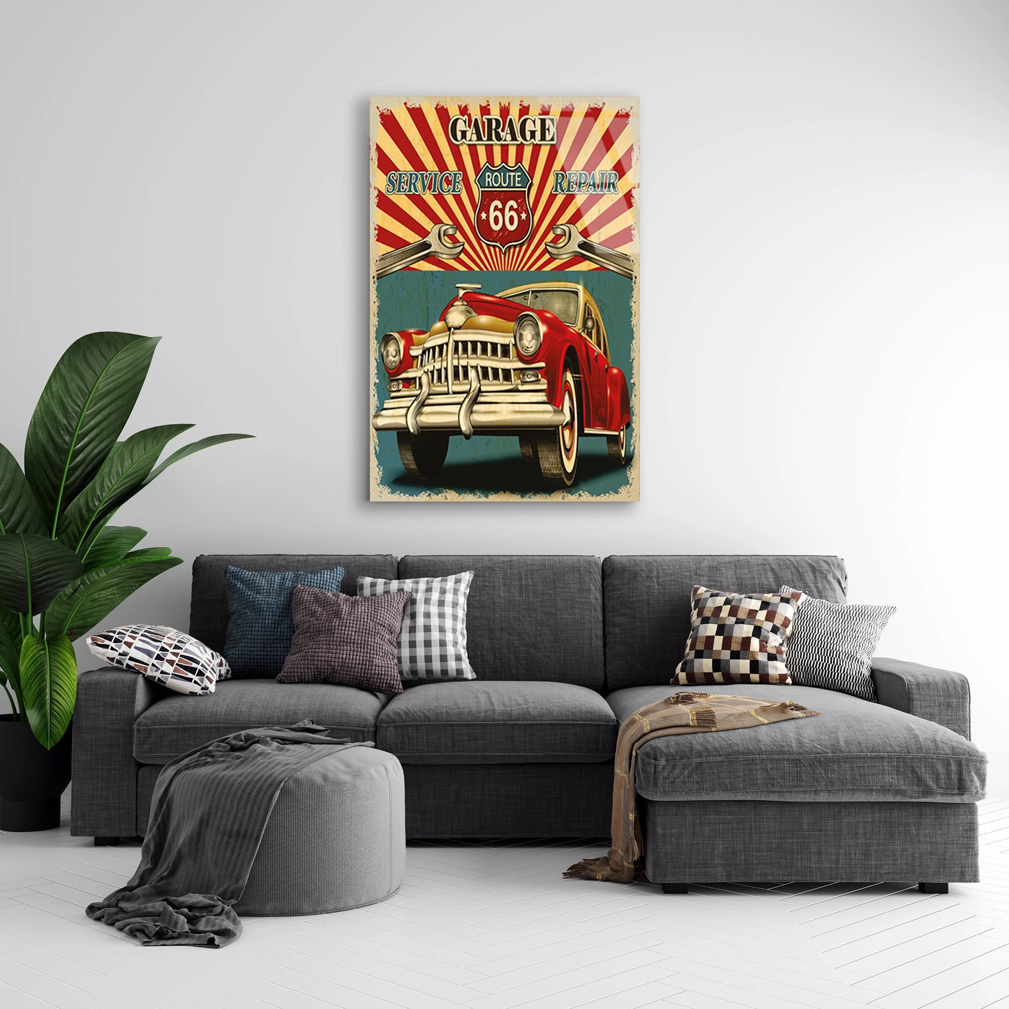 ROUTE 66 GARAJ VINTAGE KLASİK ARABA - CAM TABLO - DEG0468
