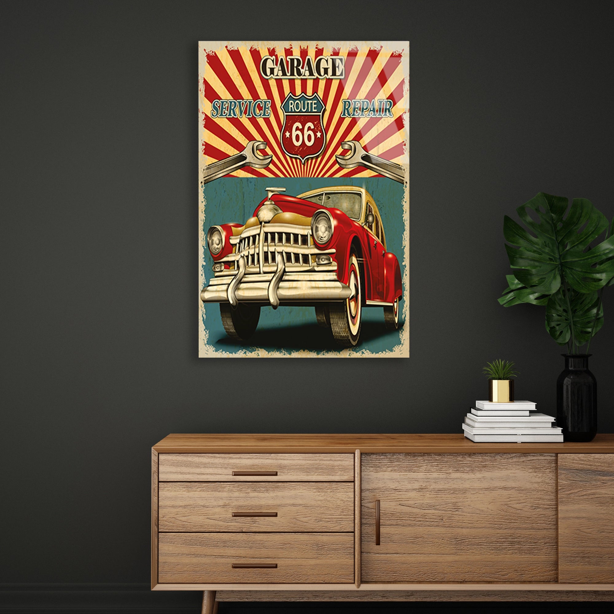 ROUTE 66 GARAJ VINTAGE KLASİK ARABA - CAM TABLO - DEG0468
