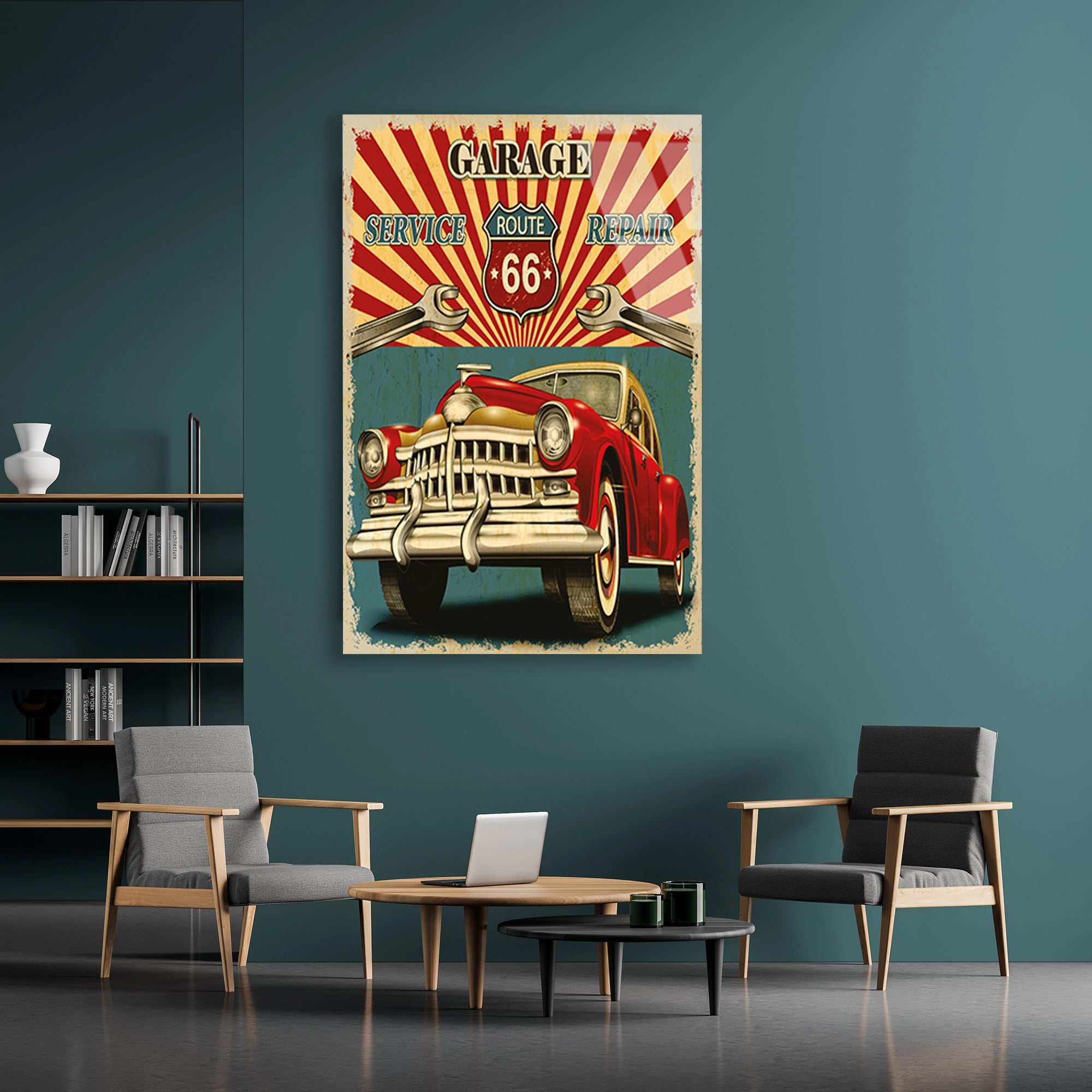ROUTE 66 GARAJ VINTAGE KLASİK ARABA - CAM TABLO - DEG0468