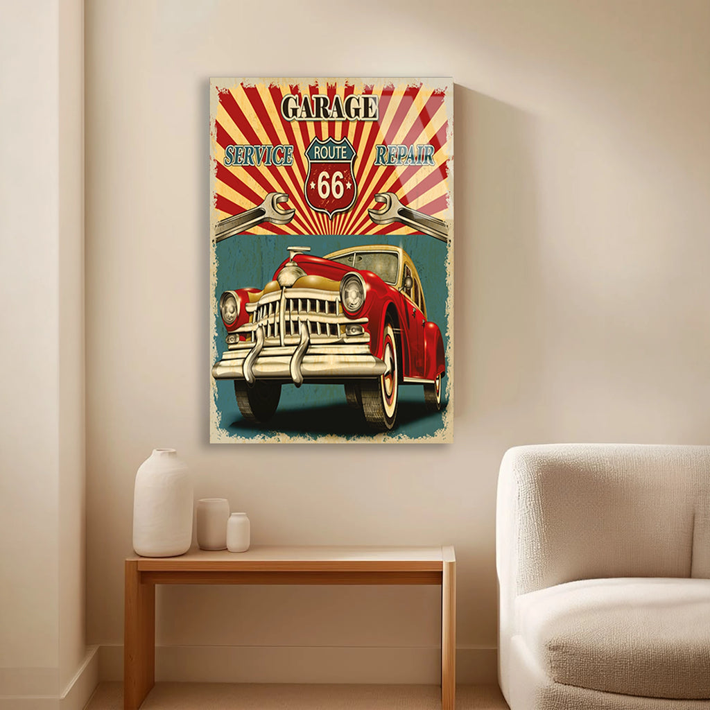 ROUTE 66 GARAJ VINTAGE KLASİK ARABA - CAM TABLO - DEG0468