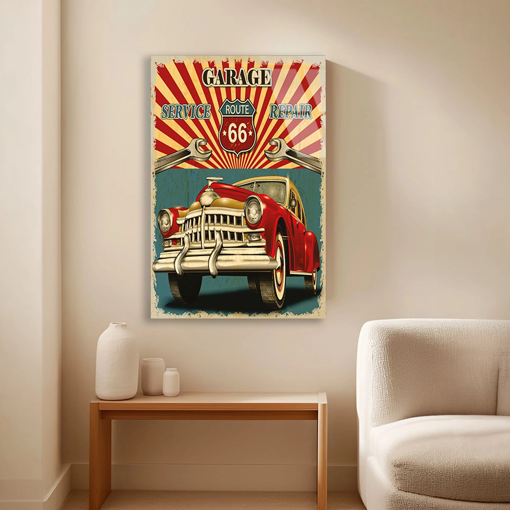 ROUTE 66 GARAJ VINTAGE KLASİK ARABA - CAM TABLO - DEG0468
