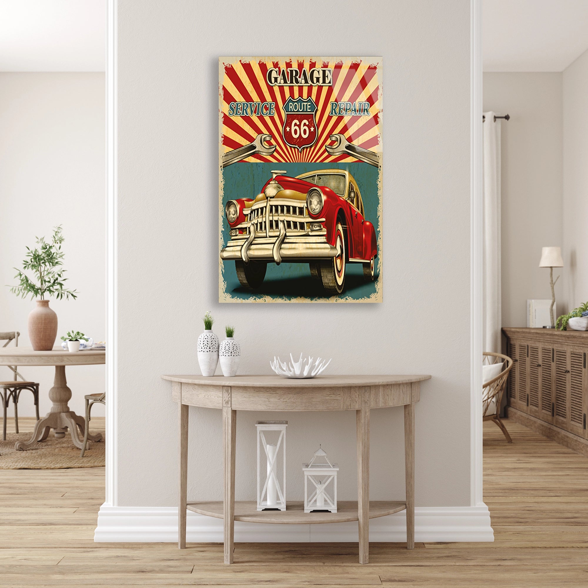 ROUTE 66 GARAJ VINTAGE KLASİK ARABA - CAM TABLO - DEG0468