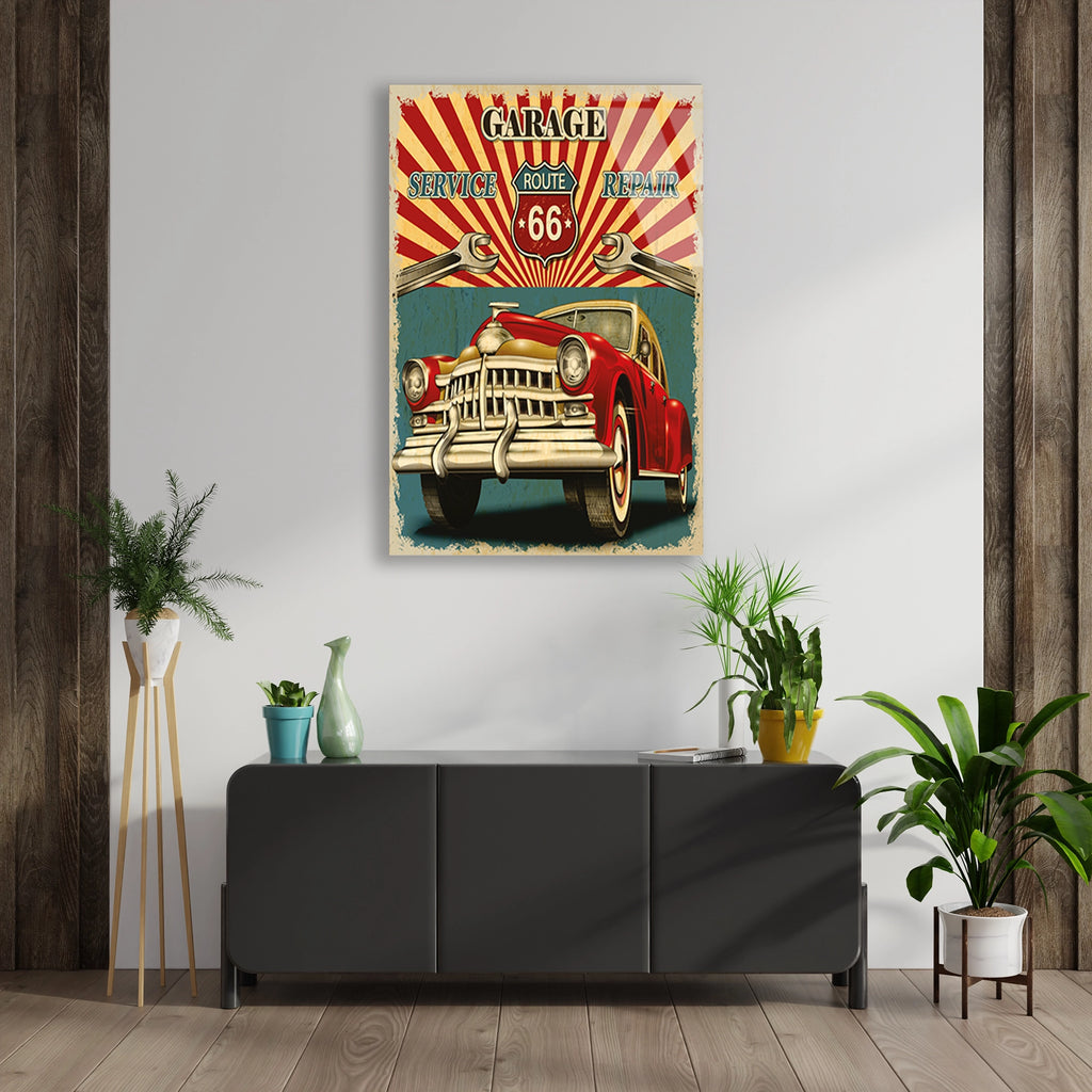 ROUTE 66 GARAJ VINTAGE KLASİK ARABA - CAM TABLO - DEG0468