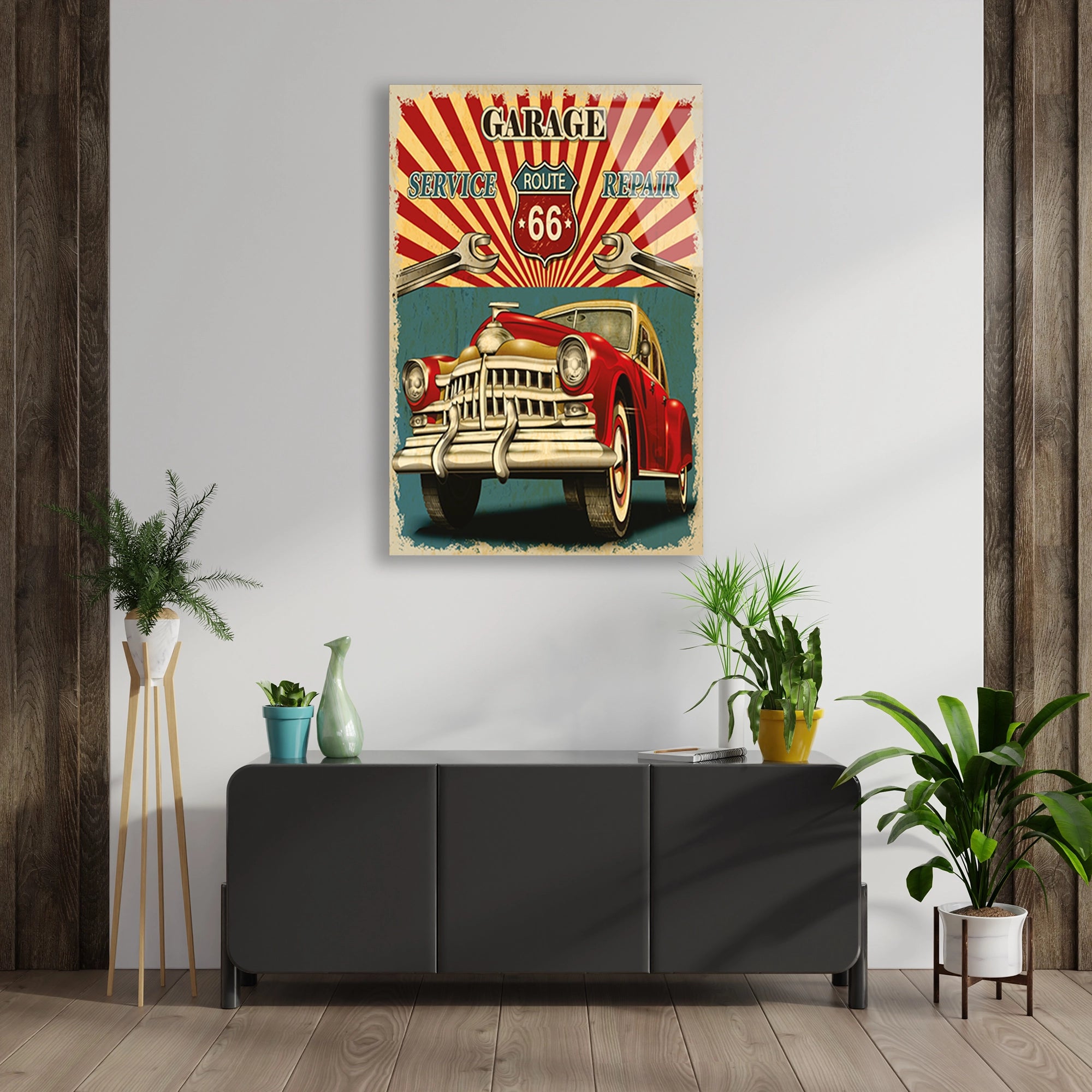 ROUTE 66 GARAJ VINTAGE KLASİK ARABA - CAM TABLO - DEG0468